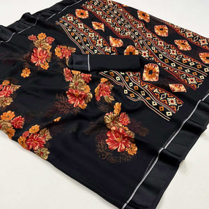 Black Floral Printed Georgette Saree With Fancy Zari Border