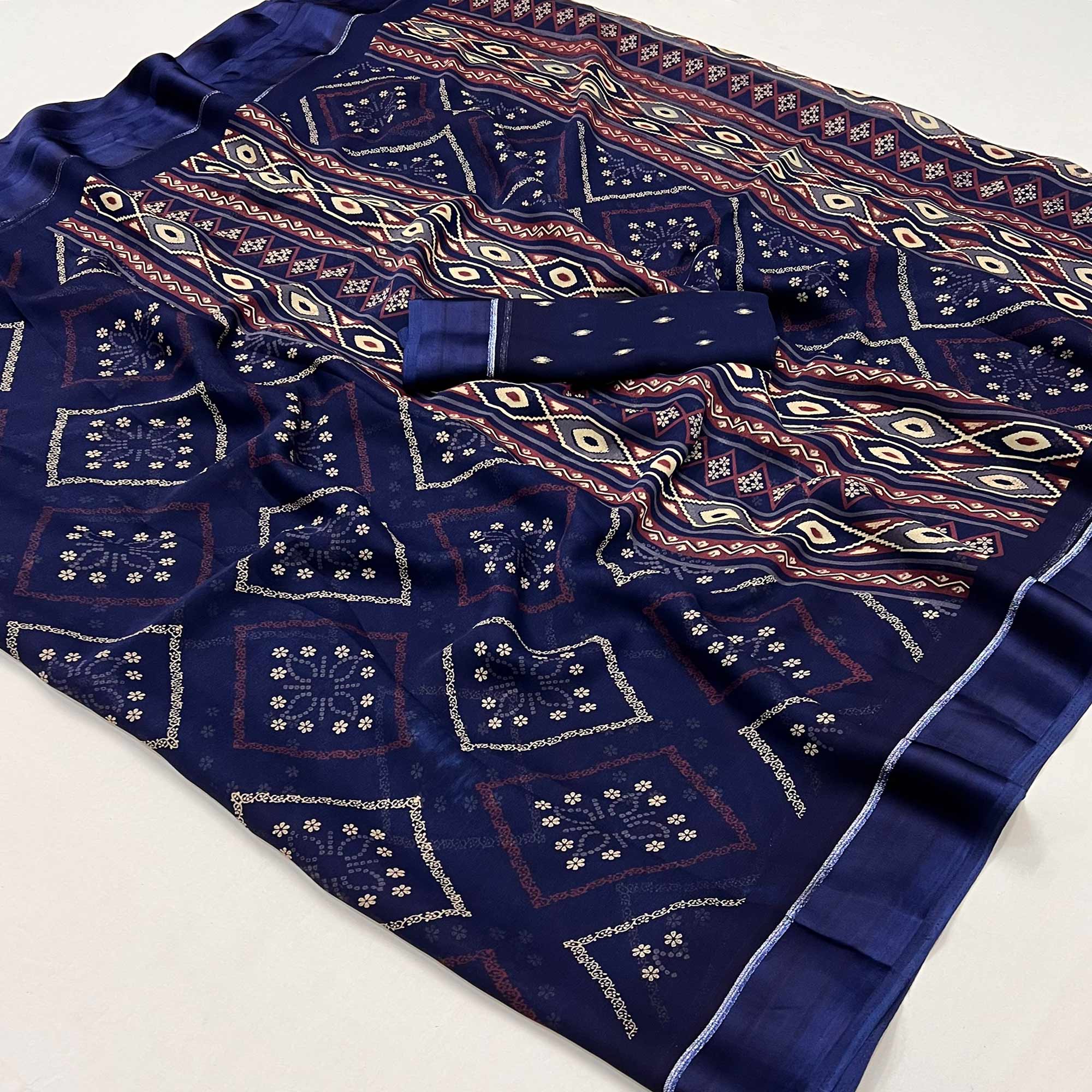 Navy Blue Floral Printed Georgette Saree With Fancy Zari Border