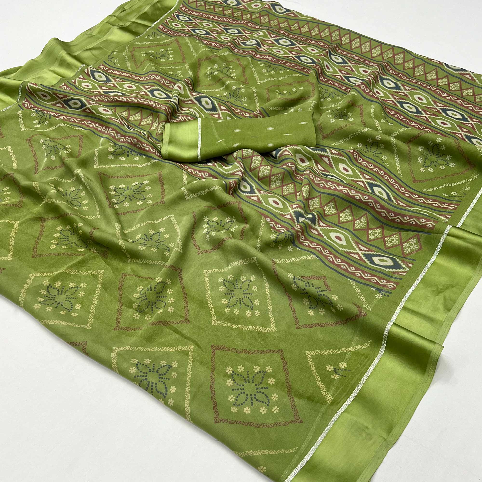 Green Floral Printed Georgette Saree With Fancy Zari Border