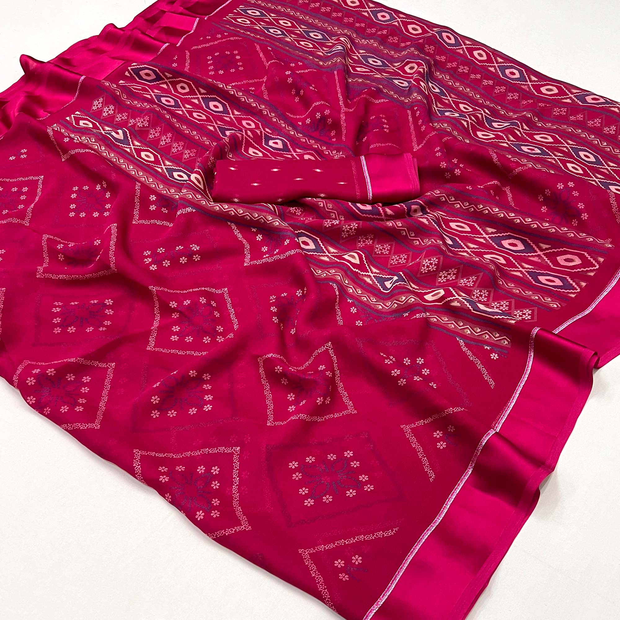 Rani Pink Floral Printed Georgette Saree With Fancy Zari Border
