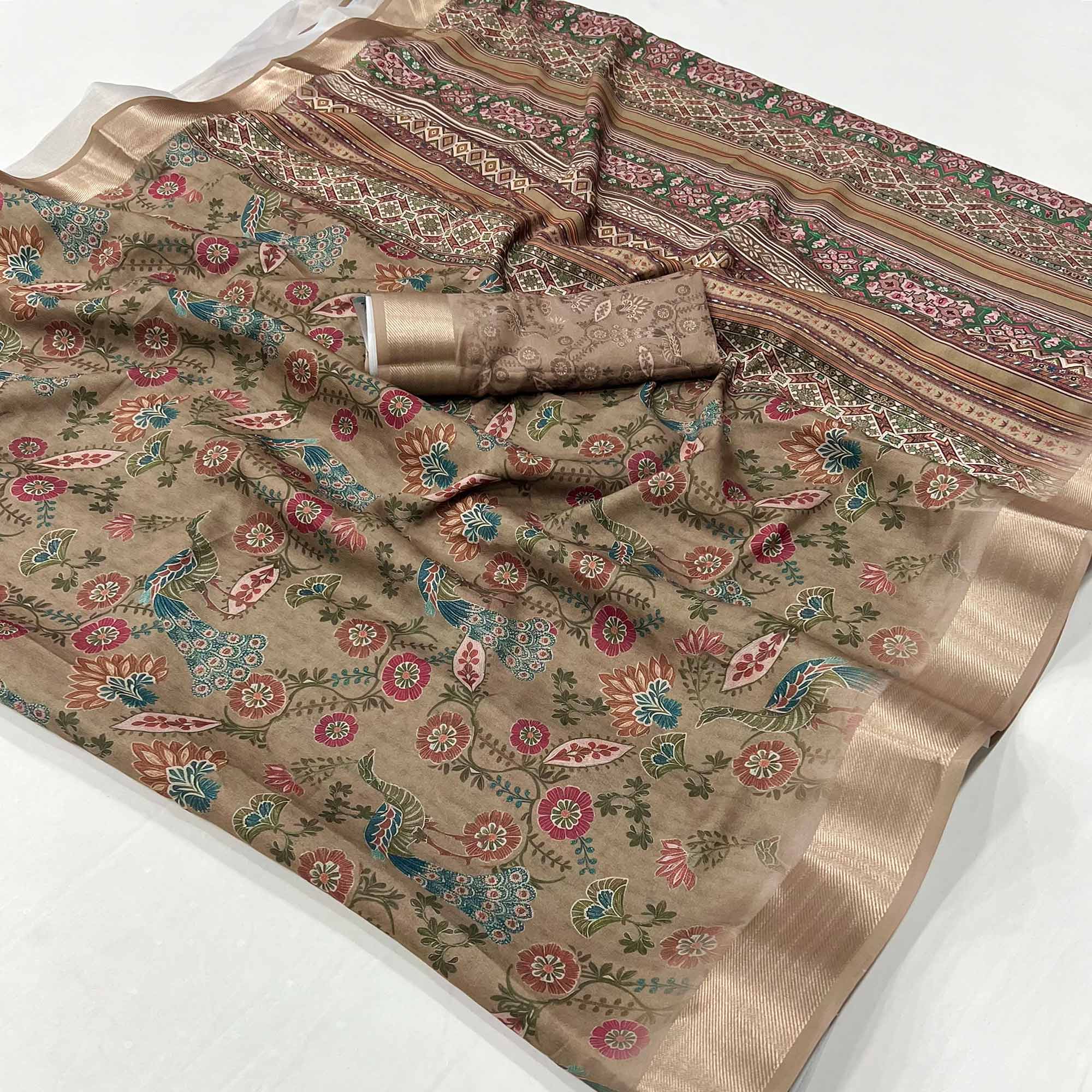 Brown Floral Digital Printed Georgette Saree With Zari Border