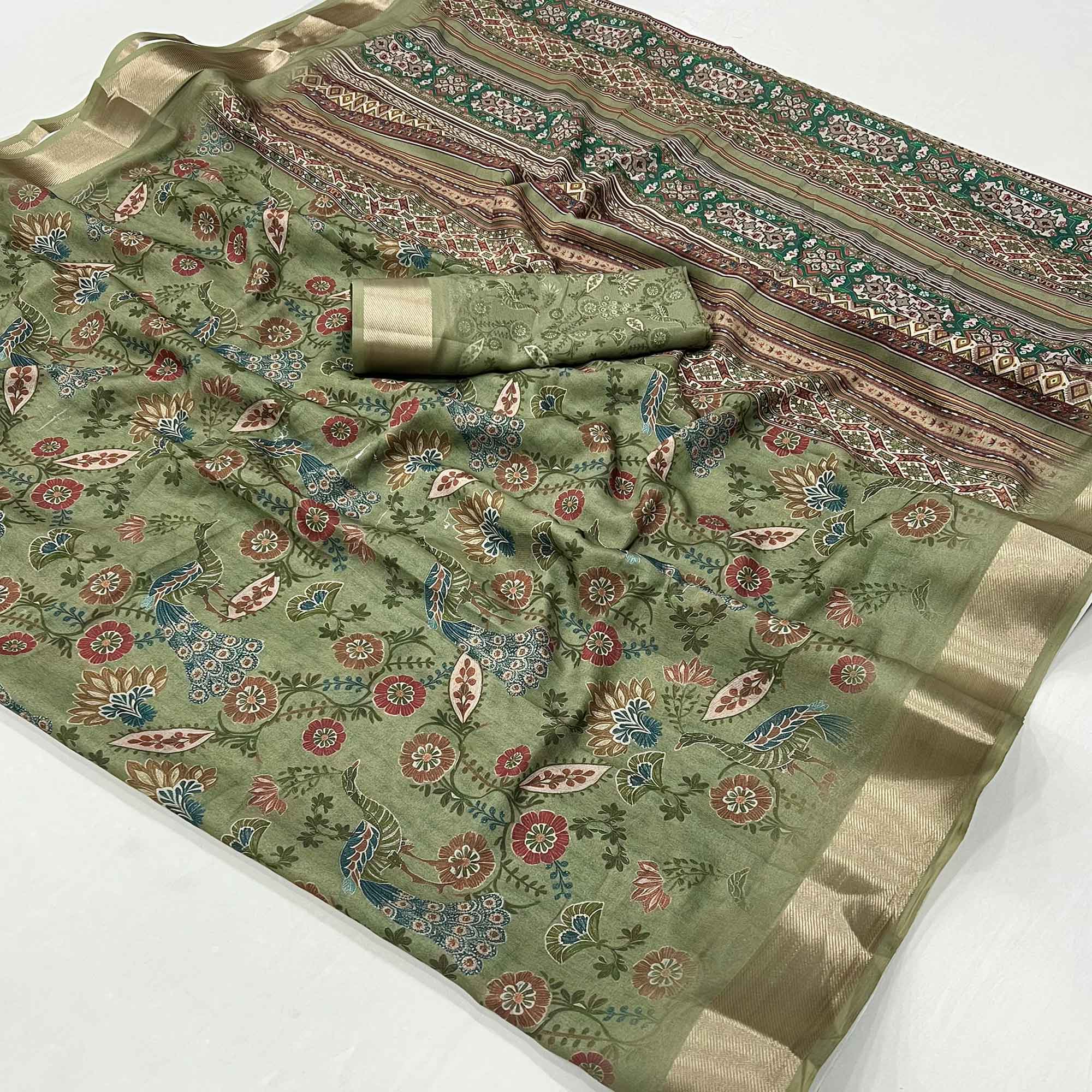 Green Floral Digital Printed Georgette Saree With Zari Border