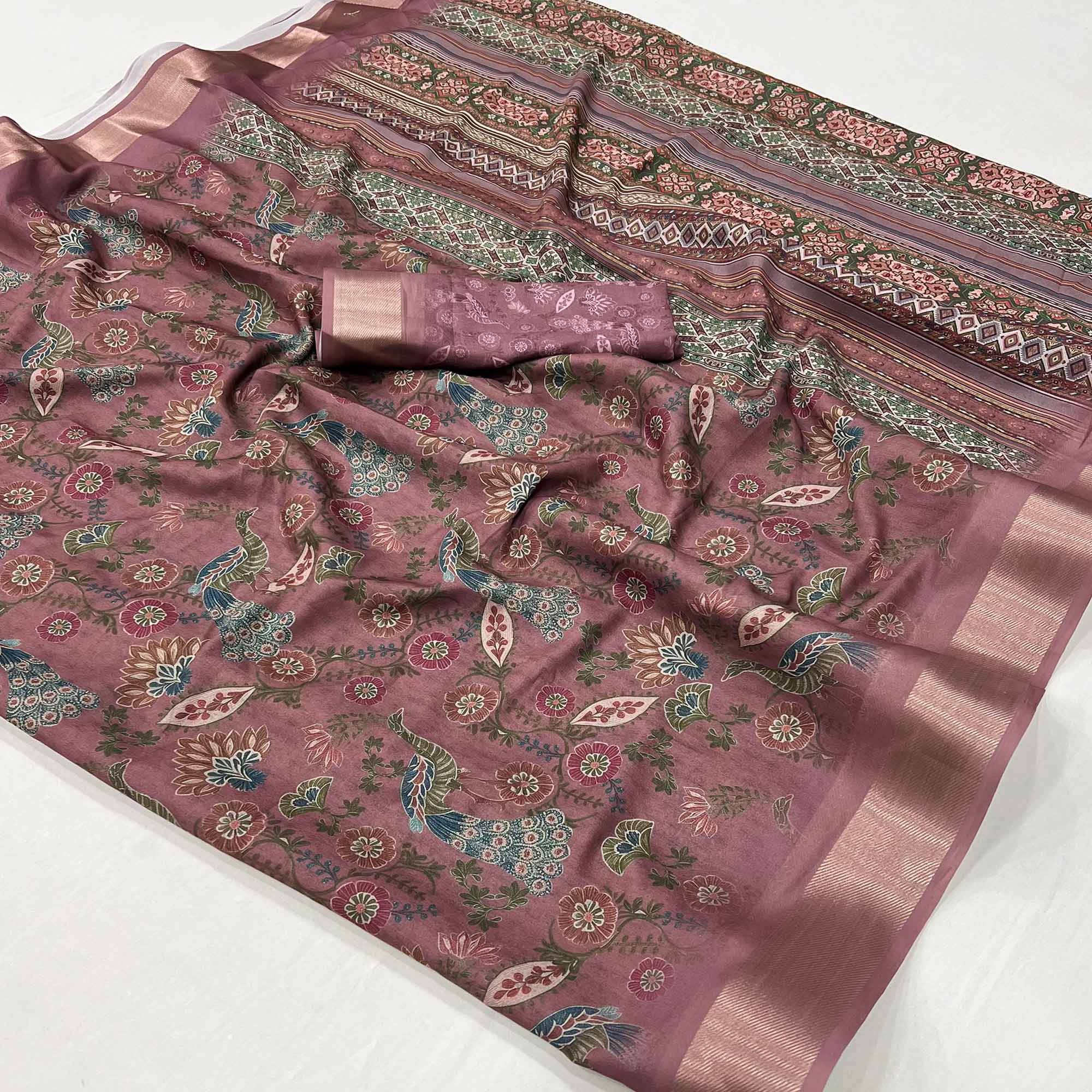 Mauve Floral Digital Printed Georgette Saree With Zari Border