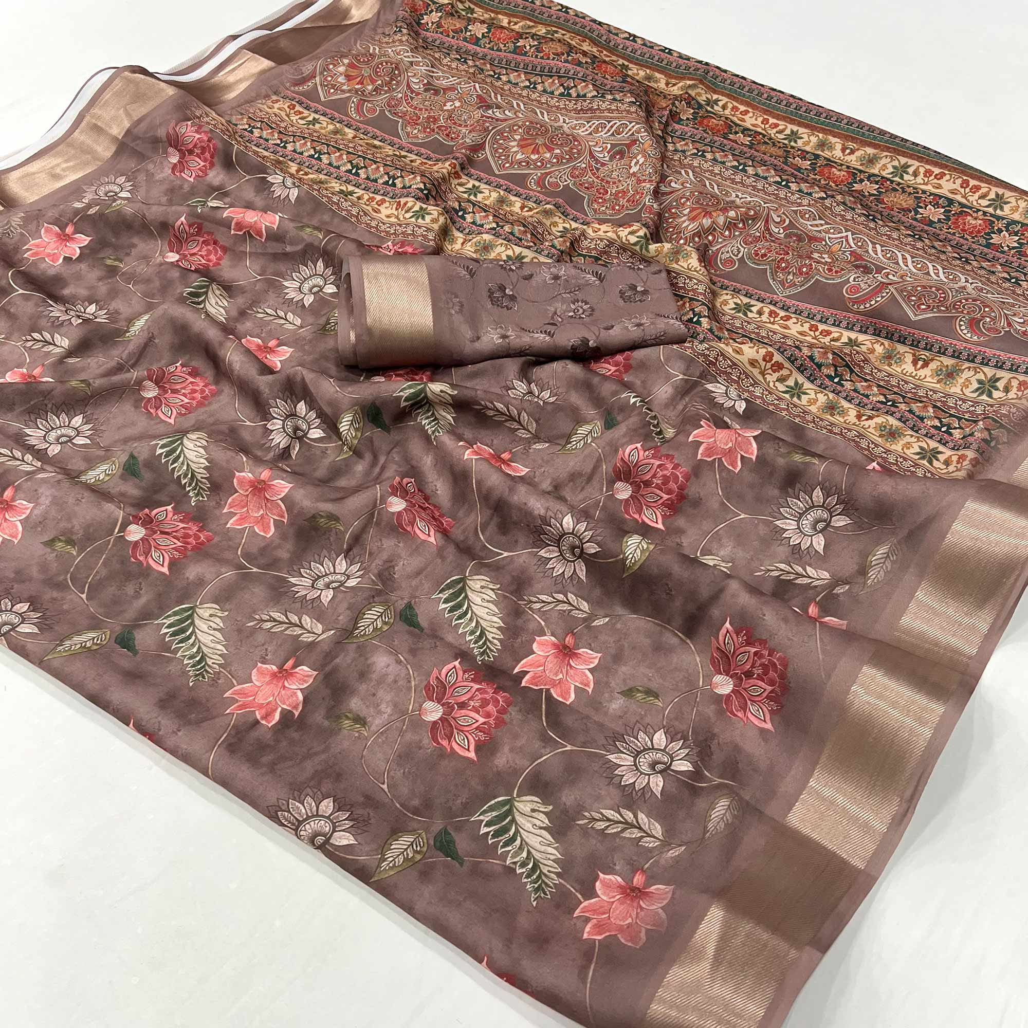 Brown Floral Digital Printed Georgette Saree With Zari Border