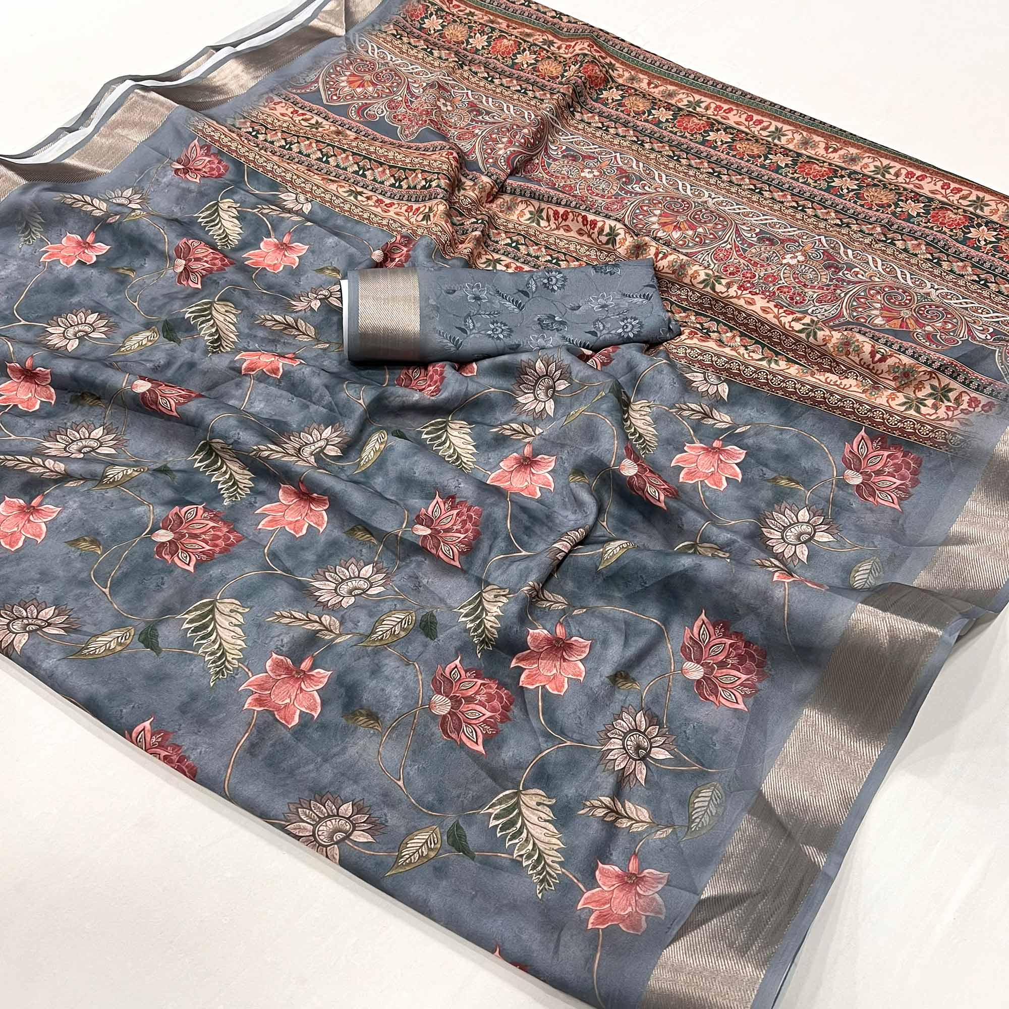 Grey Floral Digital Printed Georgette Saree With Zari Border