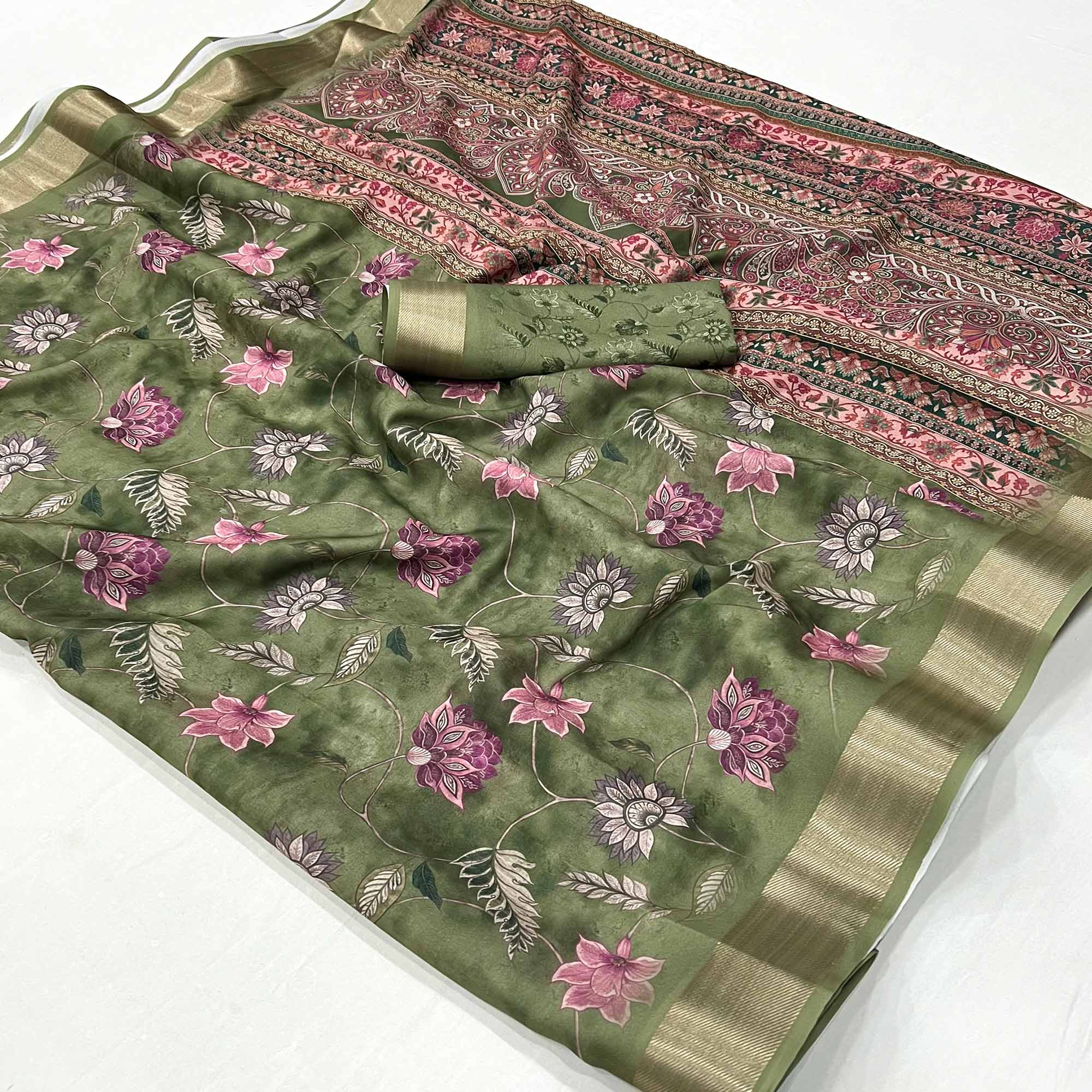 Green Floral Digital Printed Georgette Saree With Zari Border