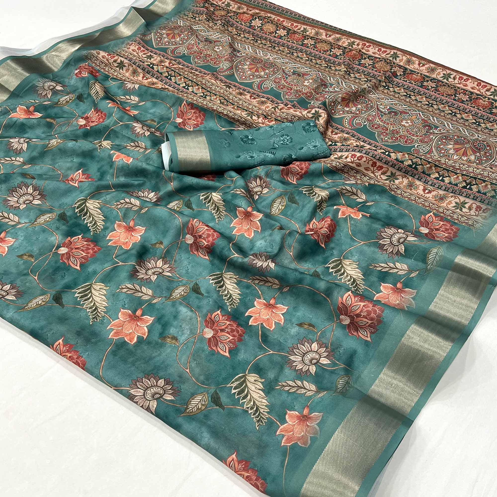 Dusty Teal Floral Digital Printed Georgette Saree With Zari Border