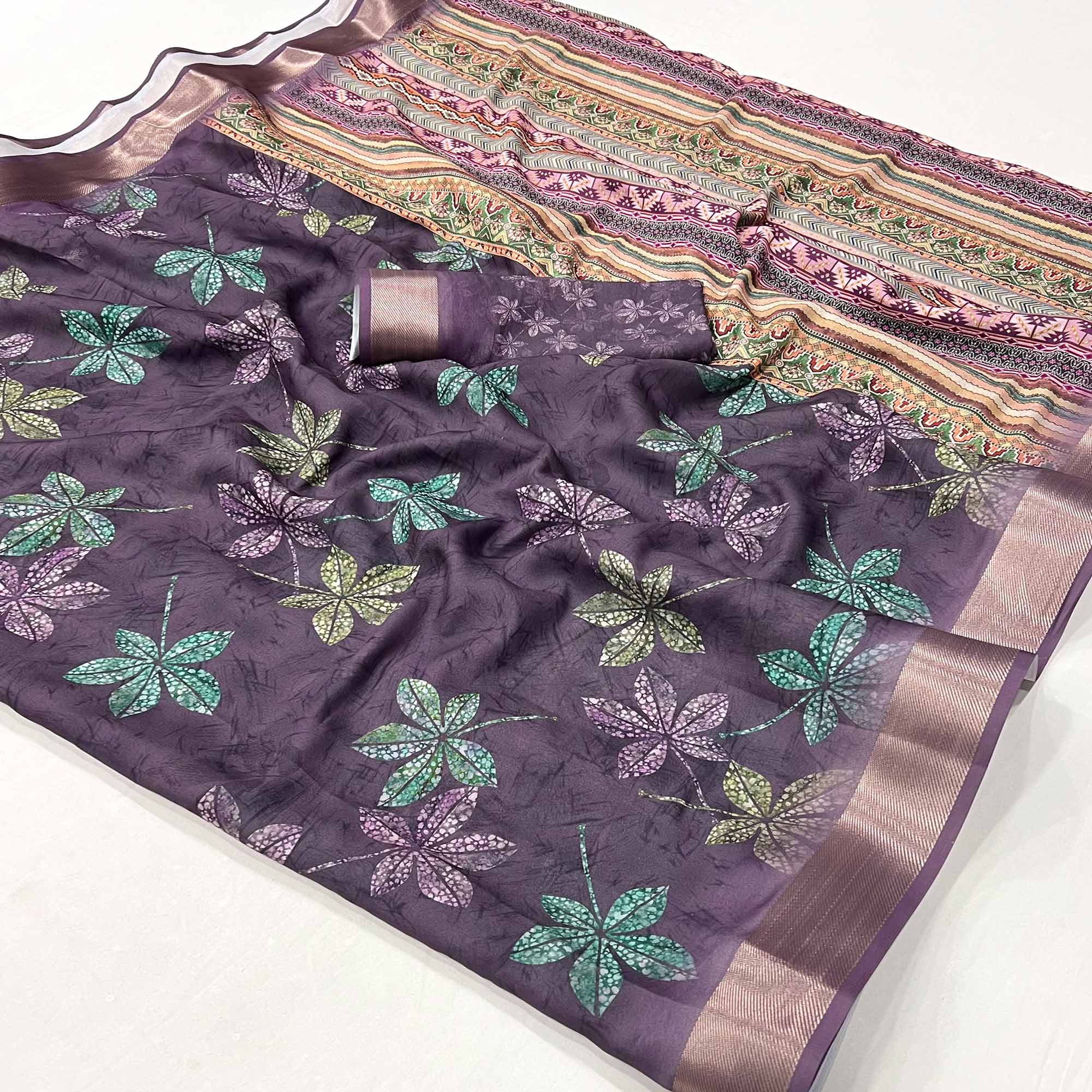 Purple Floral Digital Printed Georgette Saree With Zari Border