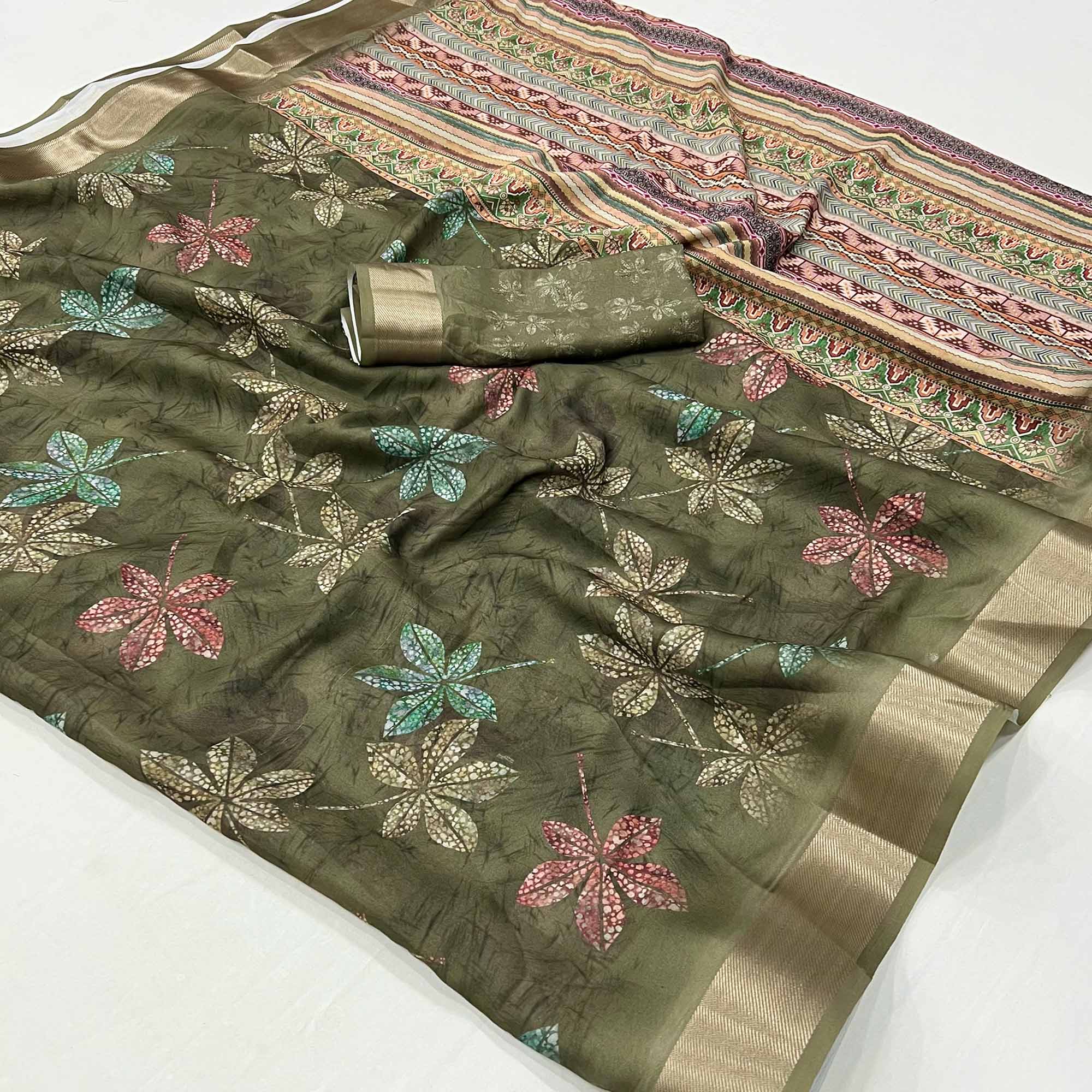 Mehendi Green Floral Digital Printed Georgette Saree With Zari Border