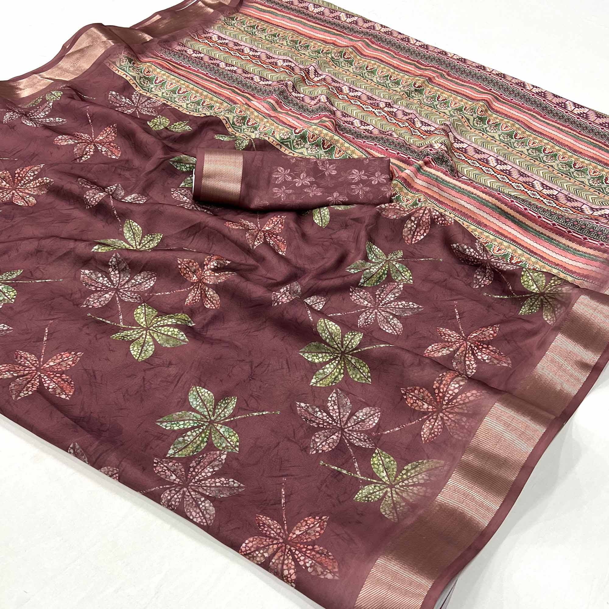 Brown Floral Digital Printed Georgette Saree With Zari Border