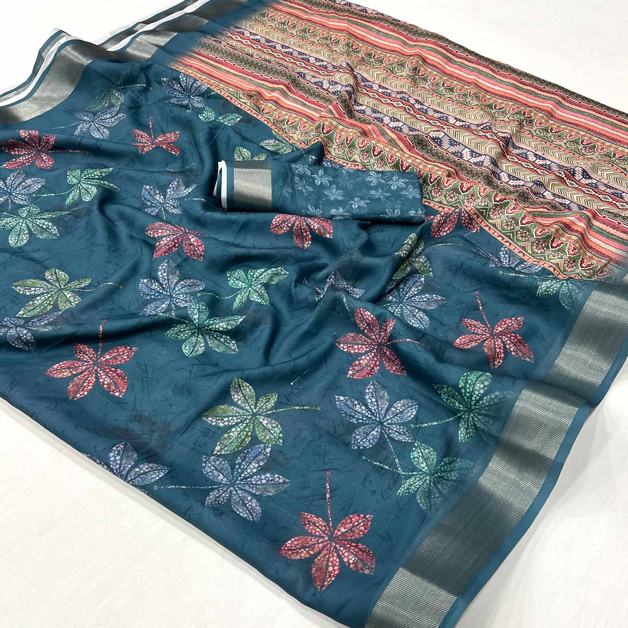 Blue Floral Digital Printed Georgette Saree With Zari Border