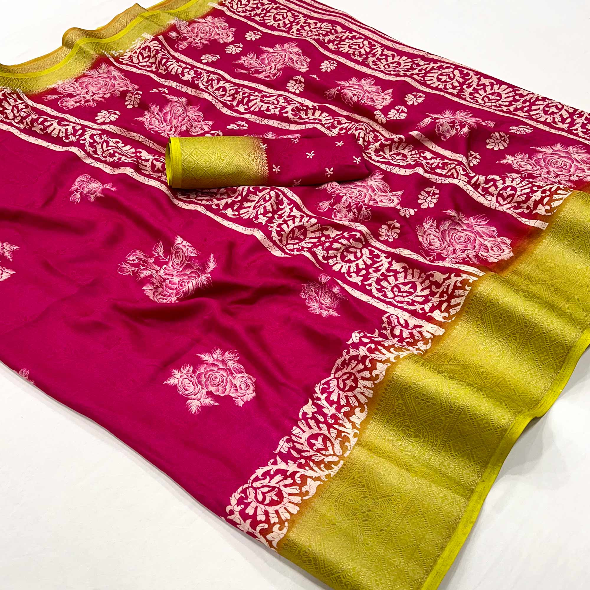 Pink Floral Printed Georgette Saree With Fancy Jacquard Zari Border