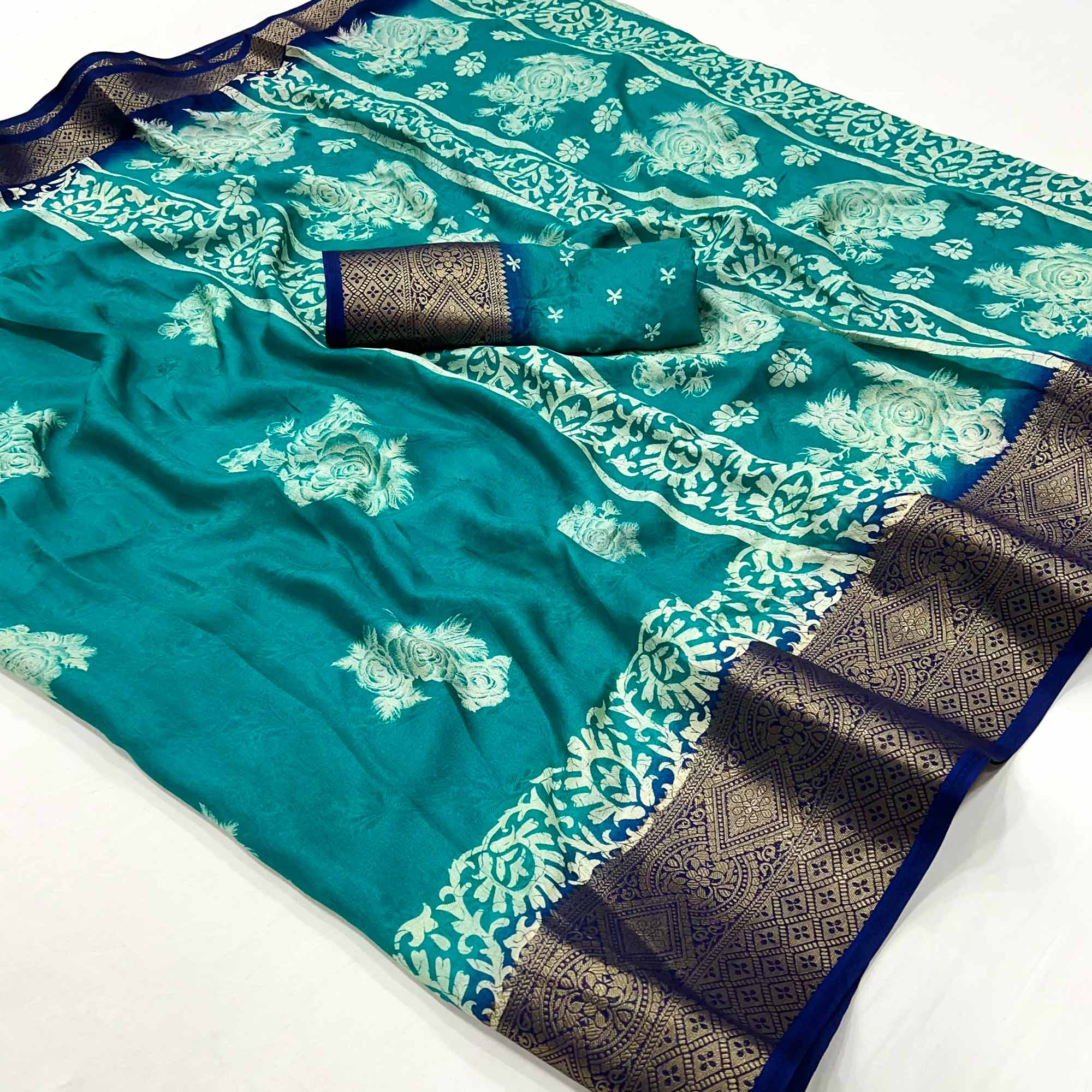Rama Blue Floral Printed Georgette Saree With Fancy Jacquard Zari Border