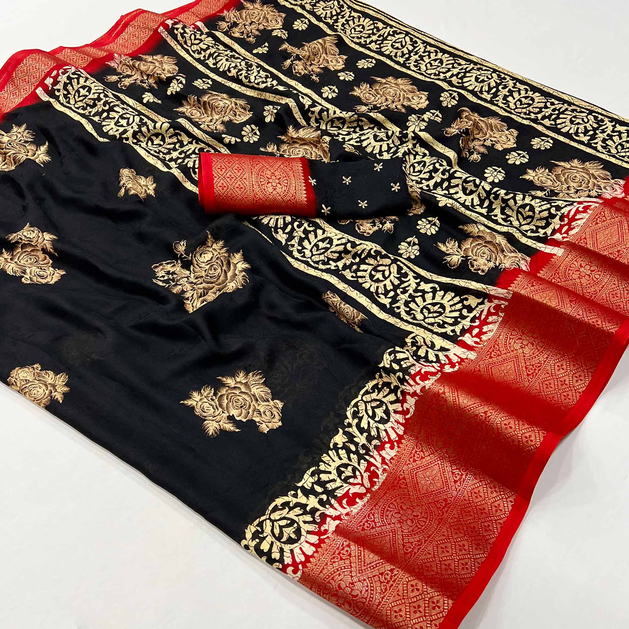 Black Floral Printed Georgette Saree With Fancy Jacquard Zari Border