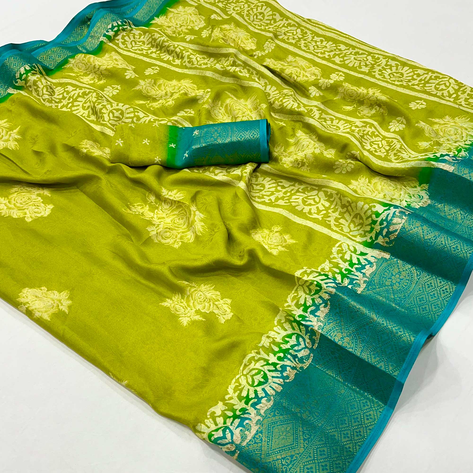 Green Floral Printed Georgette Saree With Fancy Jacquard Zari Border