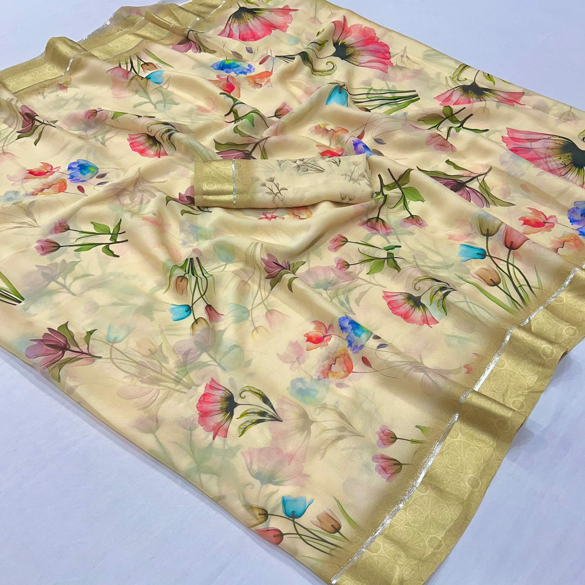 Light Yellow Floral Digital Printed Georgette Saree With Fancy Zari Border