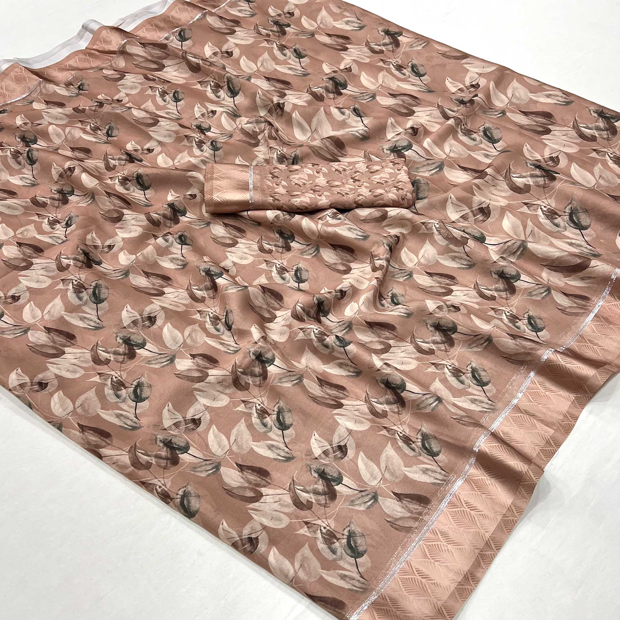 Brown Floral Digital Printed Georgette Saree With Fancy Zari Border