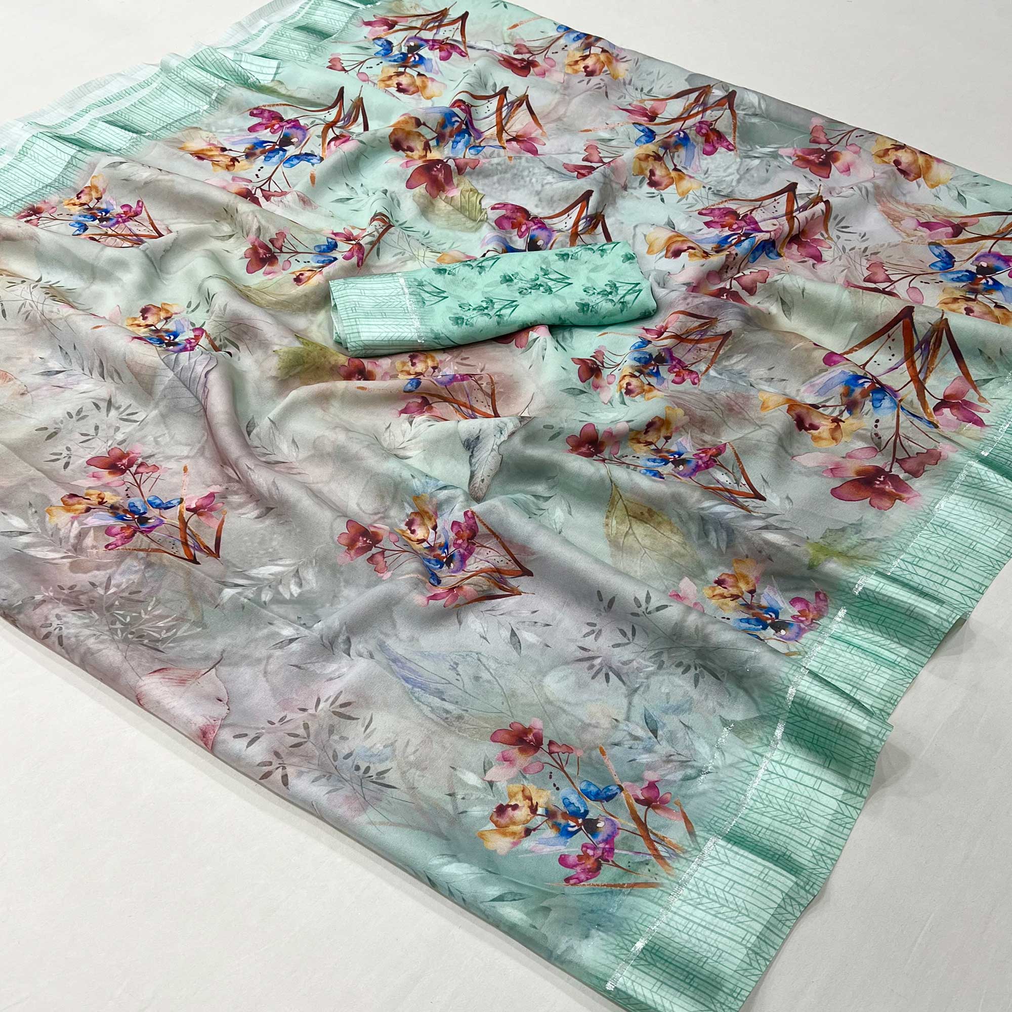 Sea Green Floral Digital Printed Georgette Saree With Fancy Zari Border