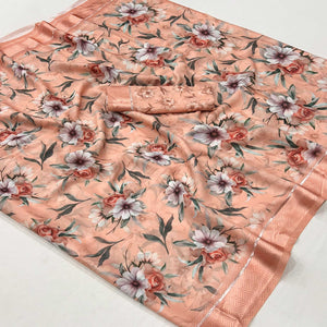 Peach Floral Digital Printed Georgette Saree With Fancy Zari Border