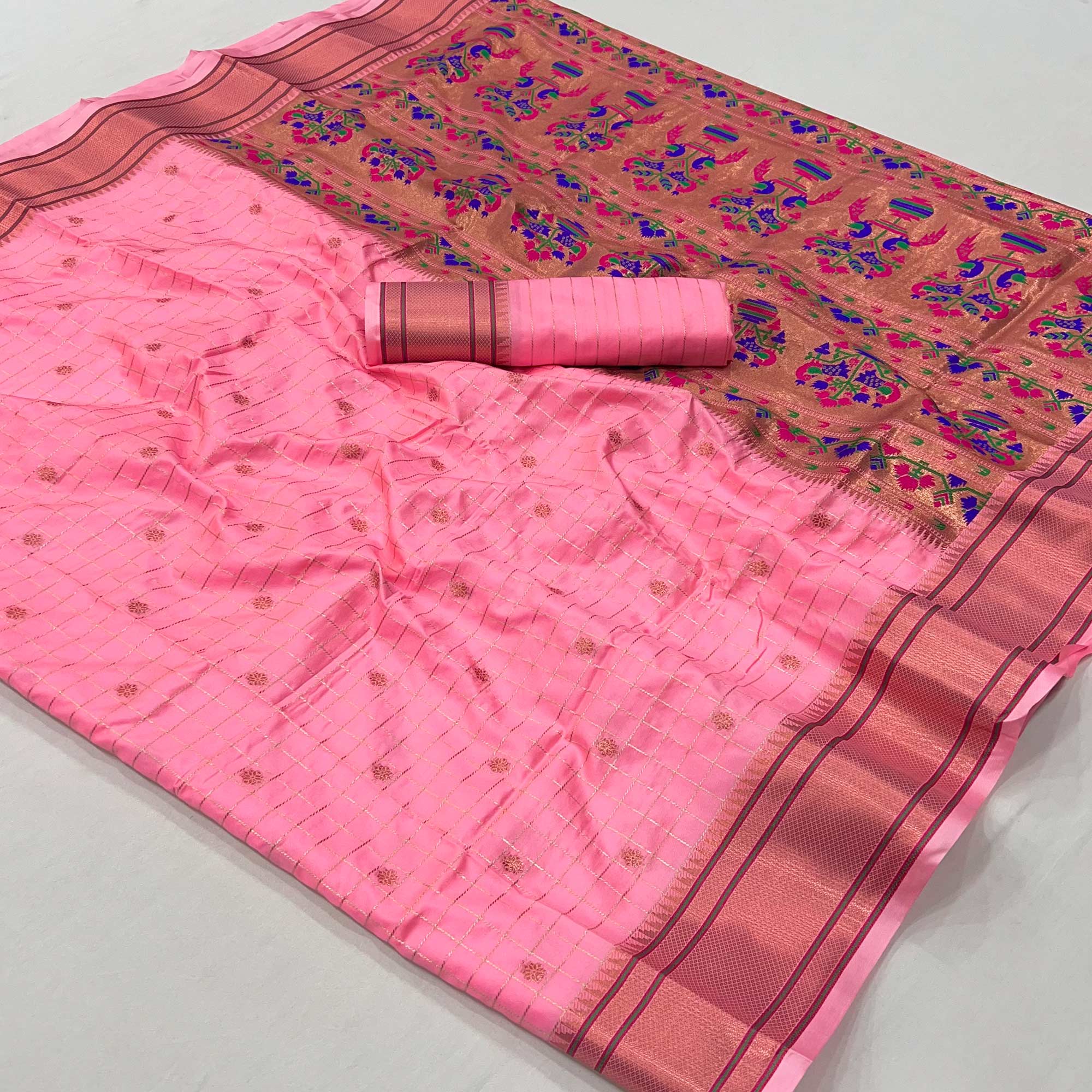 Pink Floral Woven Zari Checks Art Silk Saree