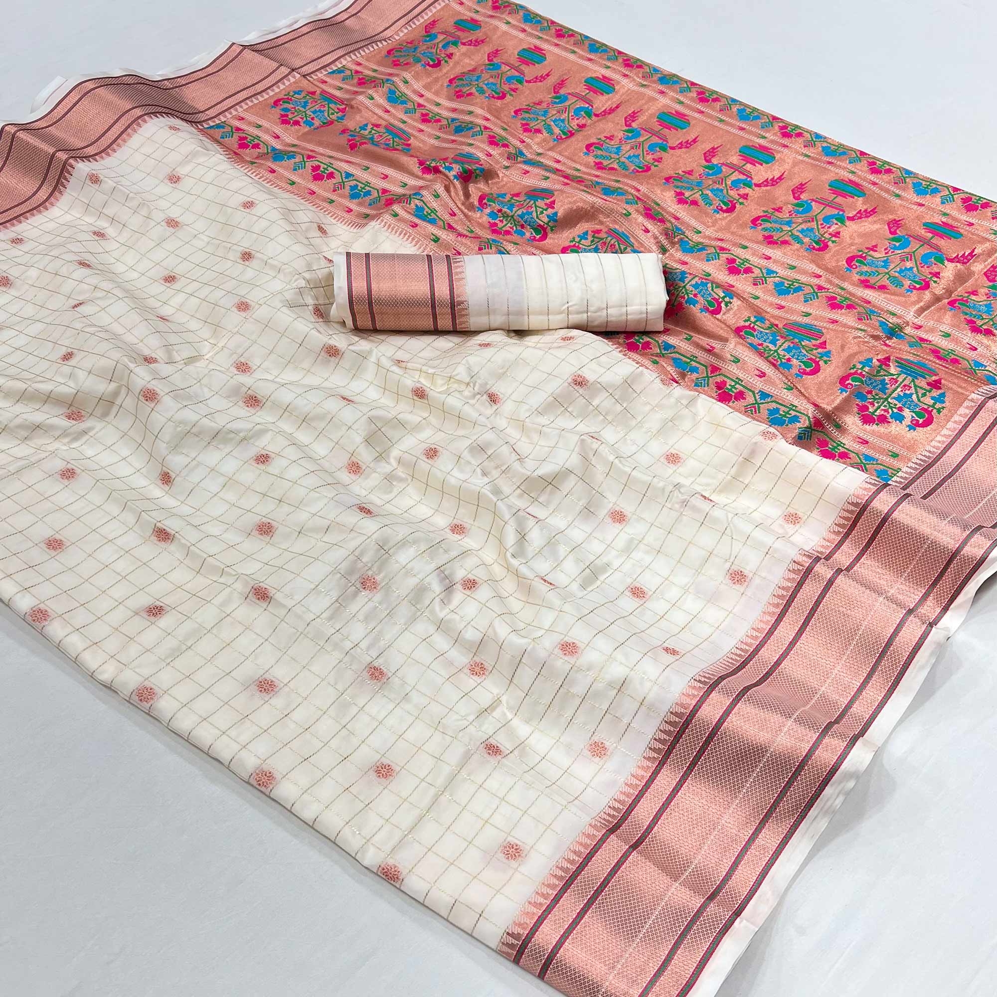 White Floral Woven Zari Checks Art Silk Saree