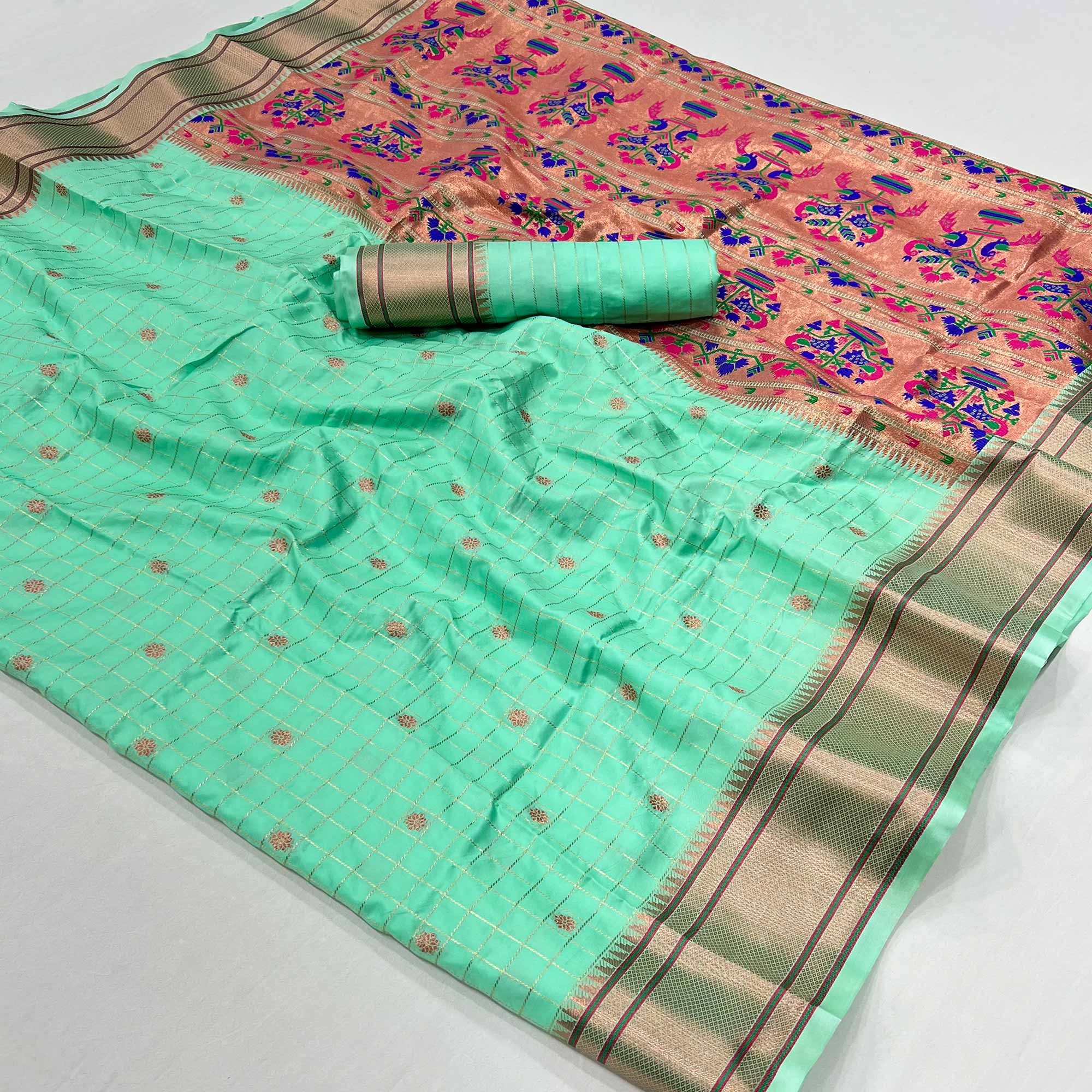 Sea Green Floral Woven Zari Checks Art Silk Saree