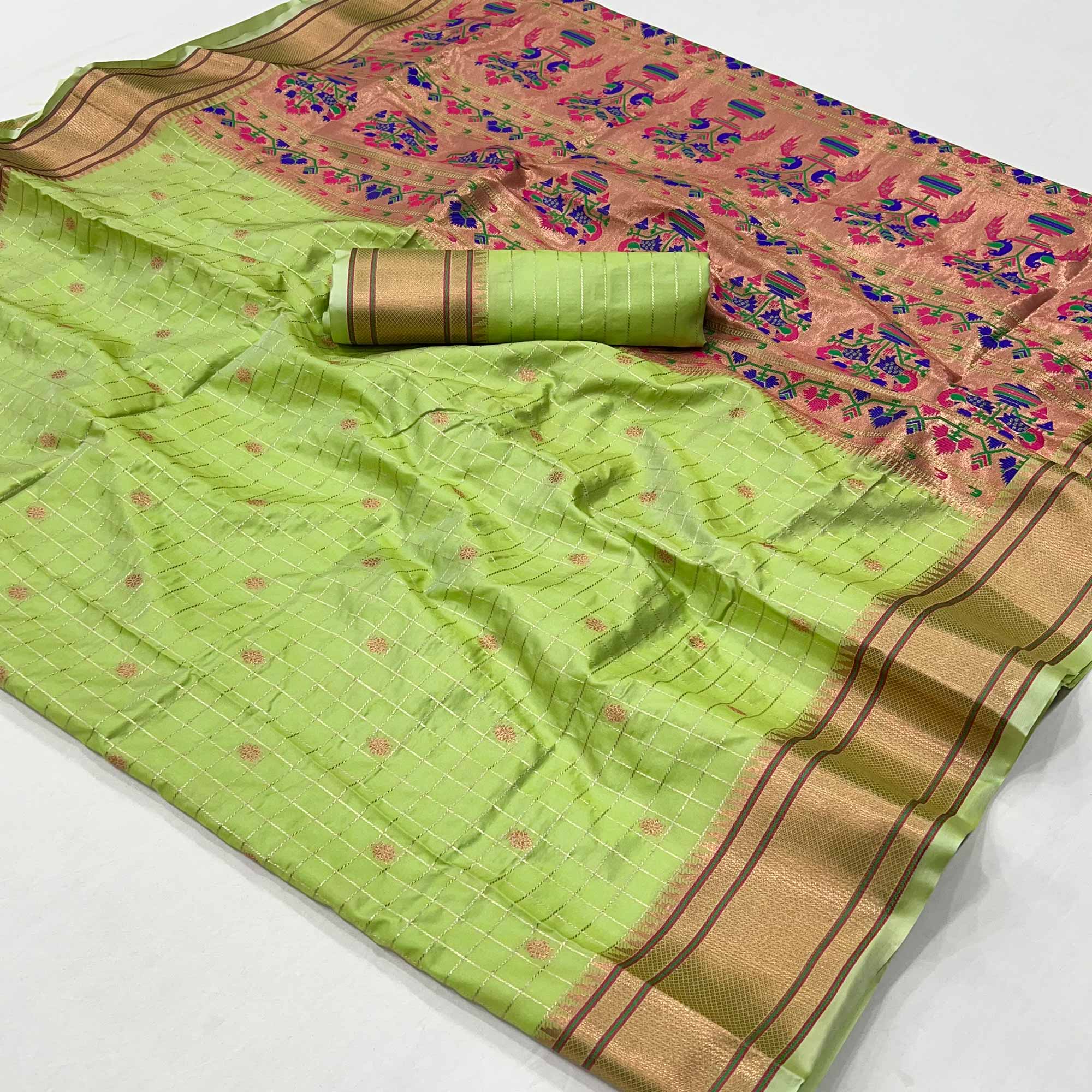 Green Floral Woven Zari Checks Art Silk Saree