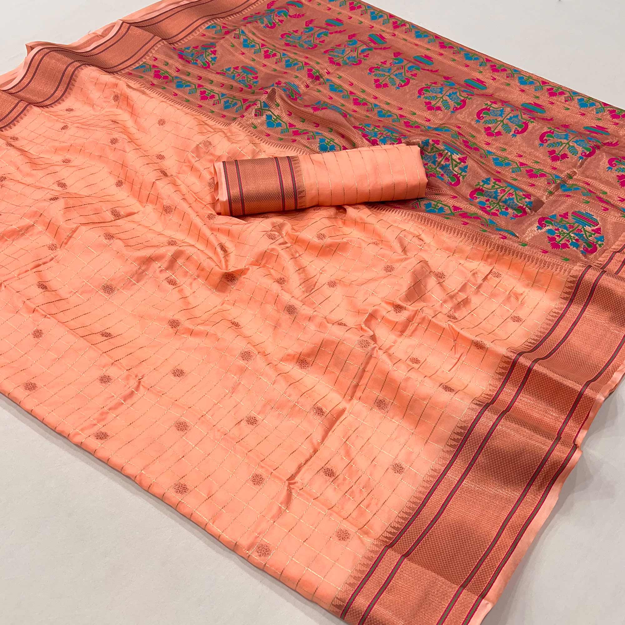 Peach Floral Woven Zari Checks Art Silk Saree