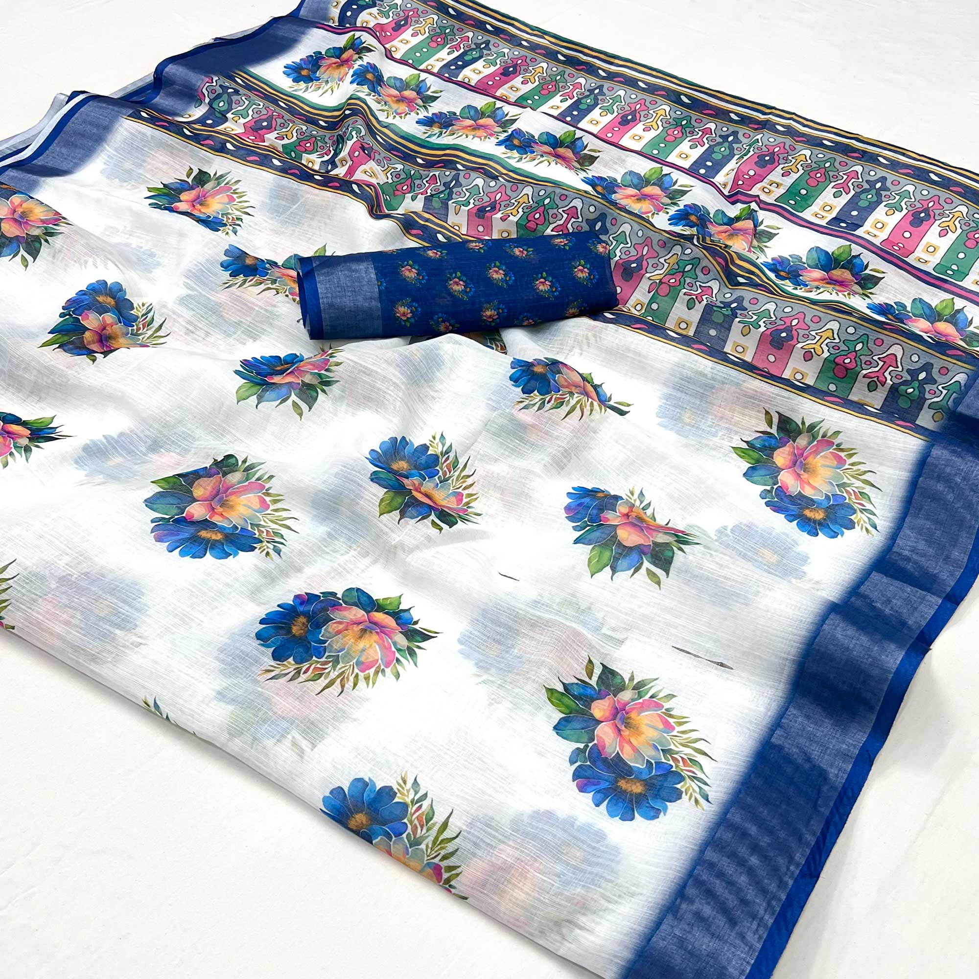 White & Blue Floral Digital Printed Linen Saree With Zari Border