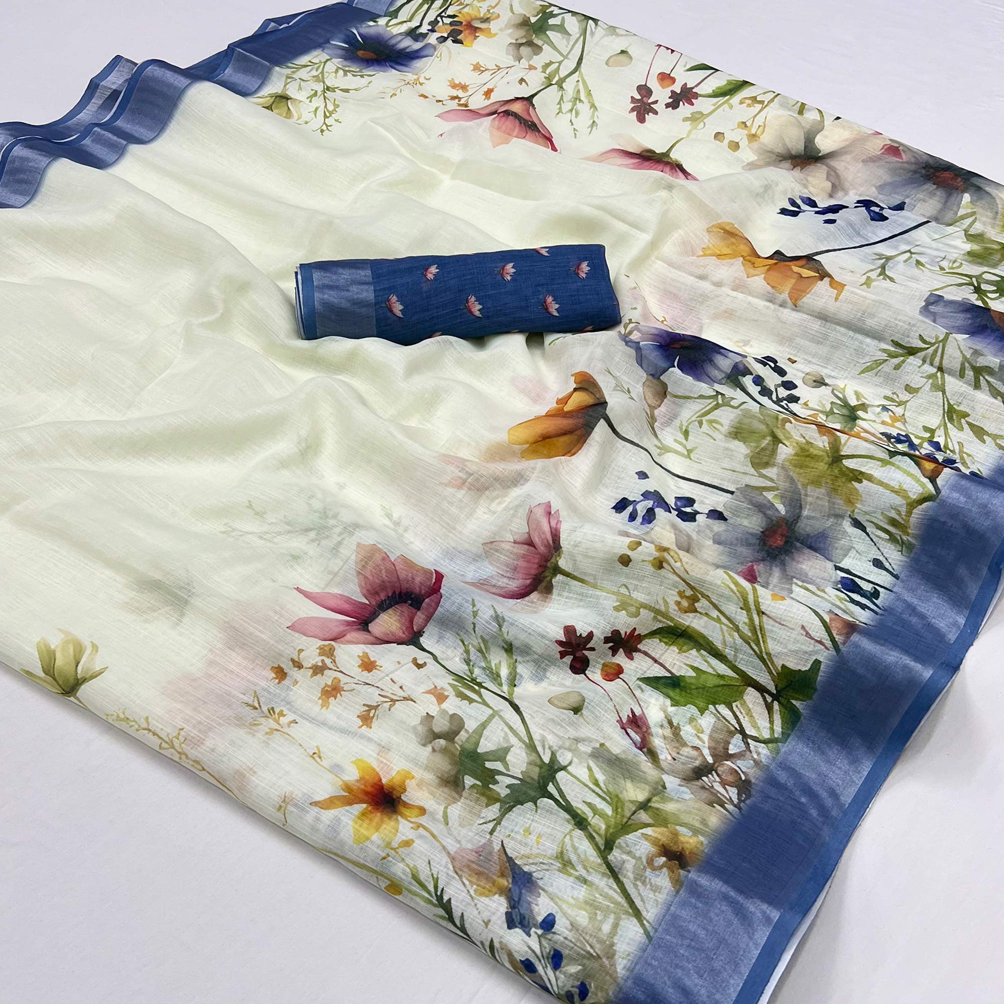 Cream & Blue Floral Digital Printed Linen Saree With Zari Border