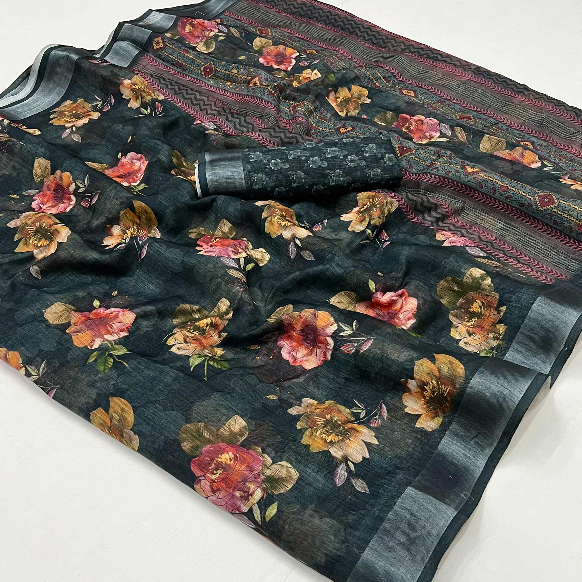 Black Floral Digital Printed Linen Saree With Zari Border