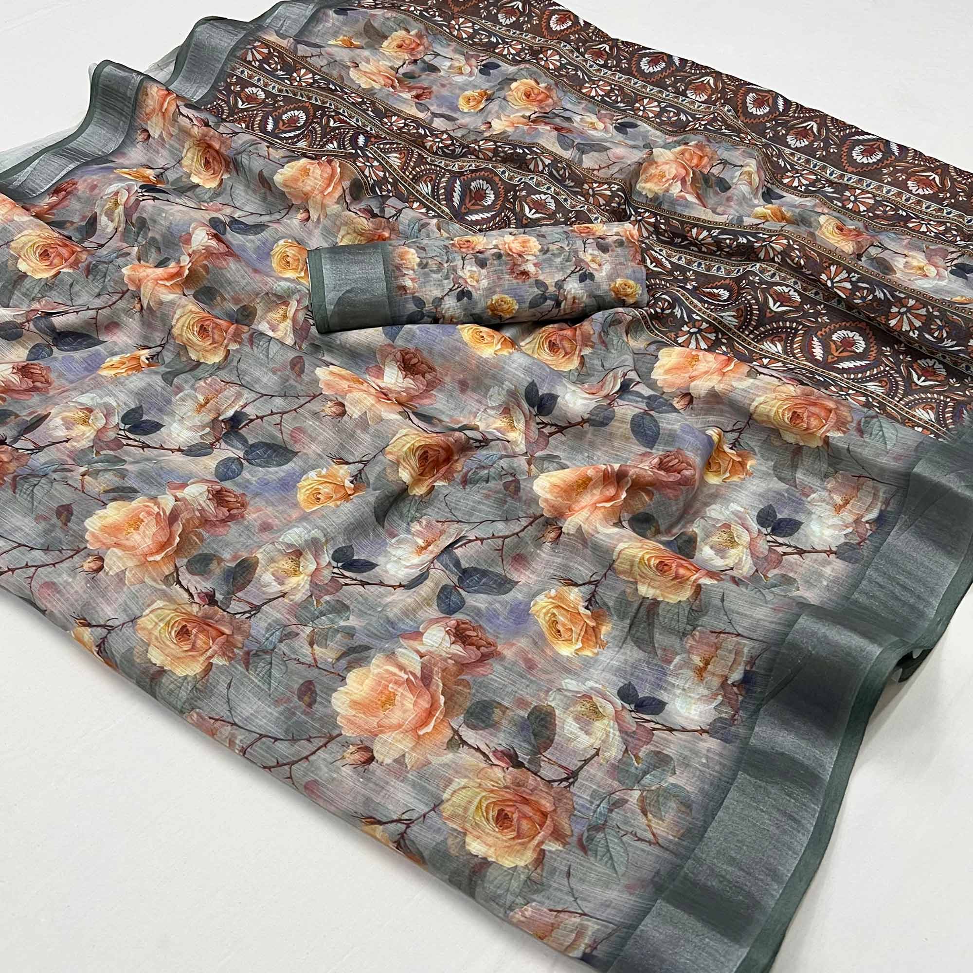 Grey Floral Digital Printed Linen Saree With Zari Border