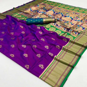 Violet Floral Woven Pure Silk Saree