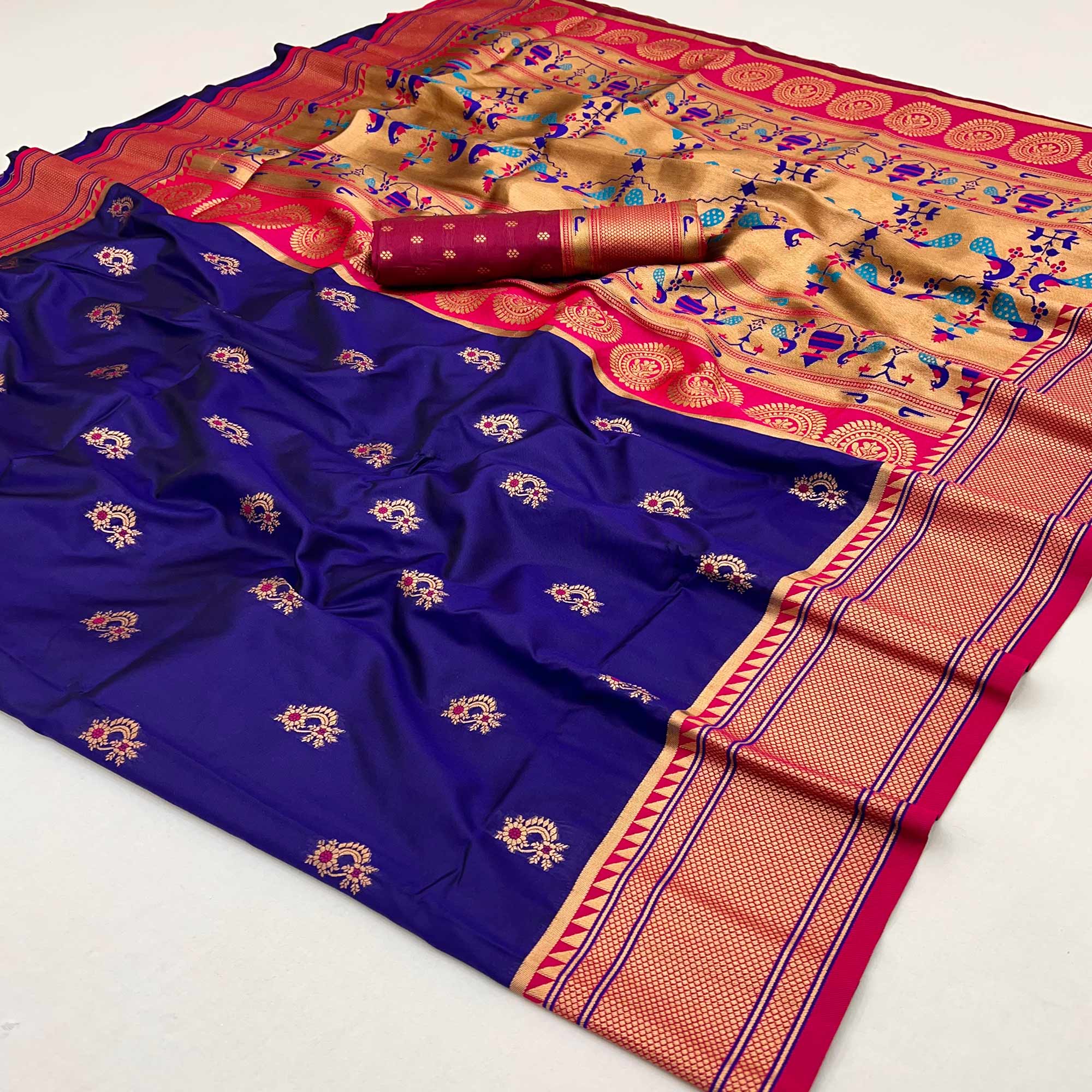 Navy Blue Floral Woven Pure Silk Saree