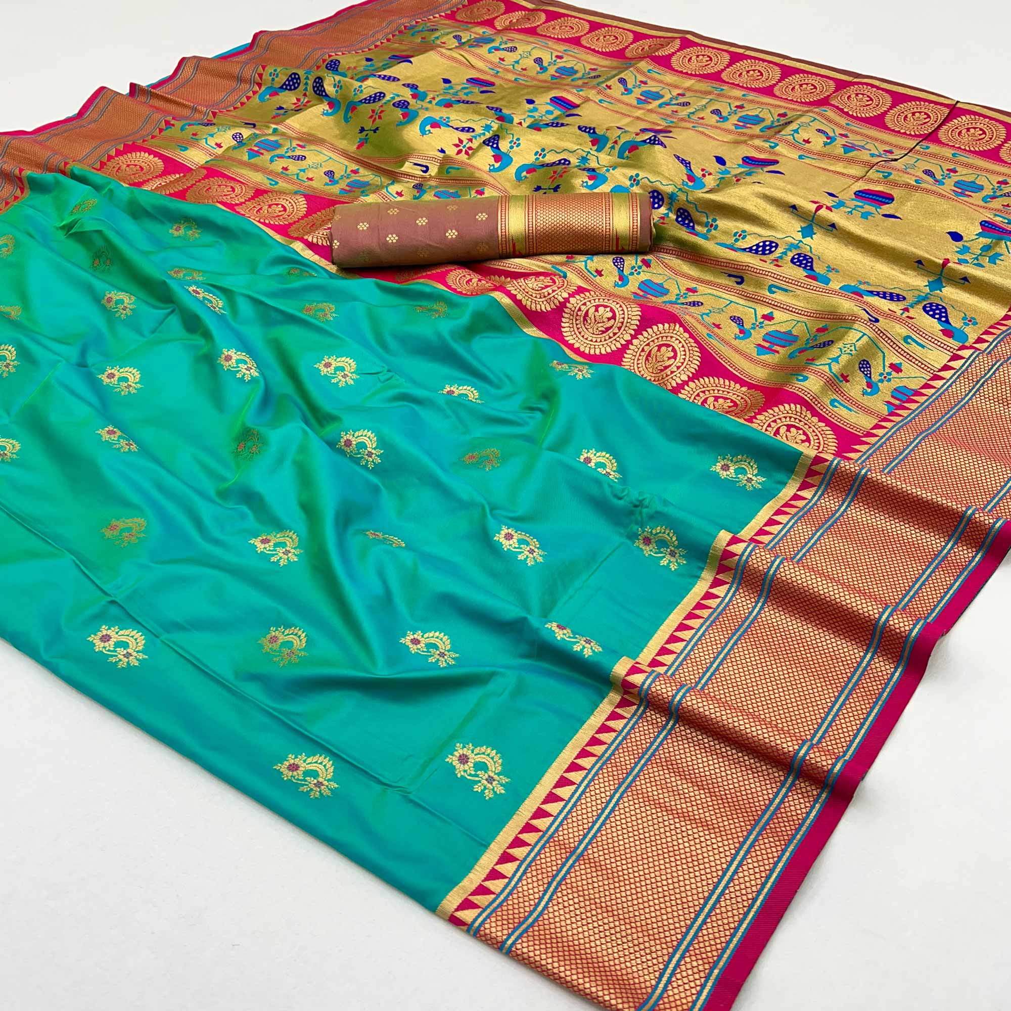 Rama Green Floral Woven Pure Silk Saree