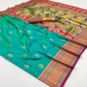 Rama Green Floral Woven Pure Silk Saree