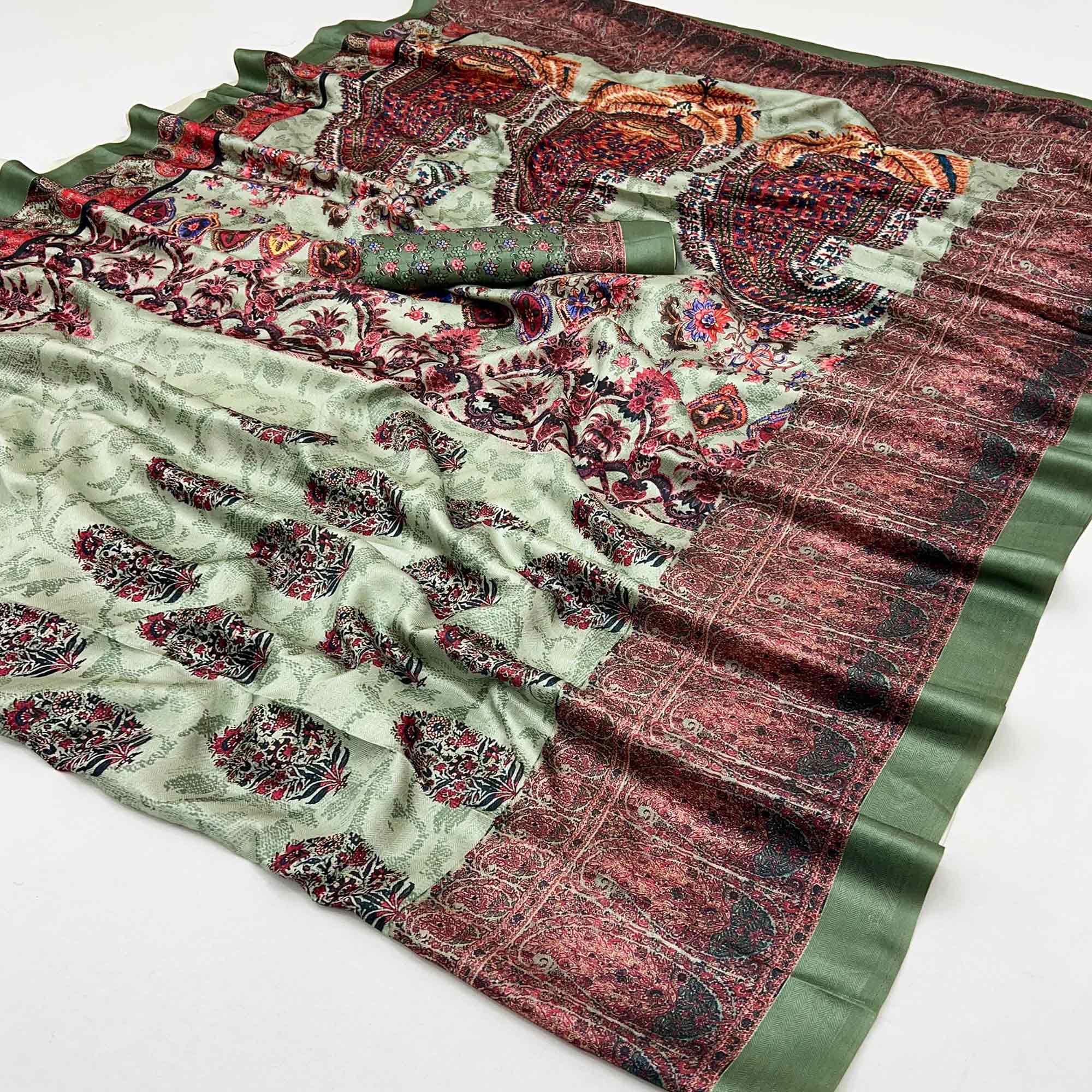 Green Floral Digital Printed Pashmina Saree