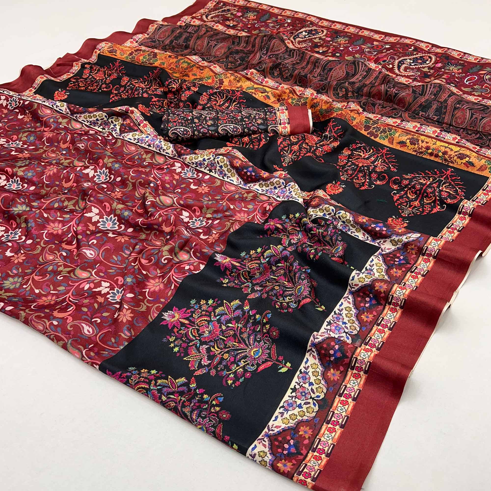 Maroon Floral Digital Printed Pashmina Saree