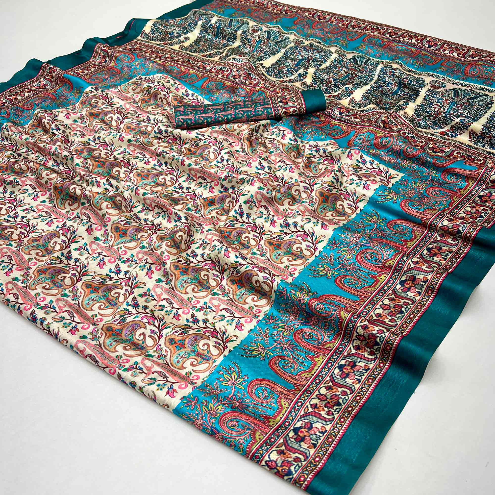 Cream & Blue Floral Digital Printed Pashmina Saree