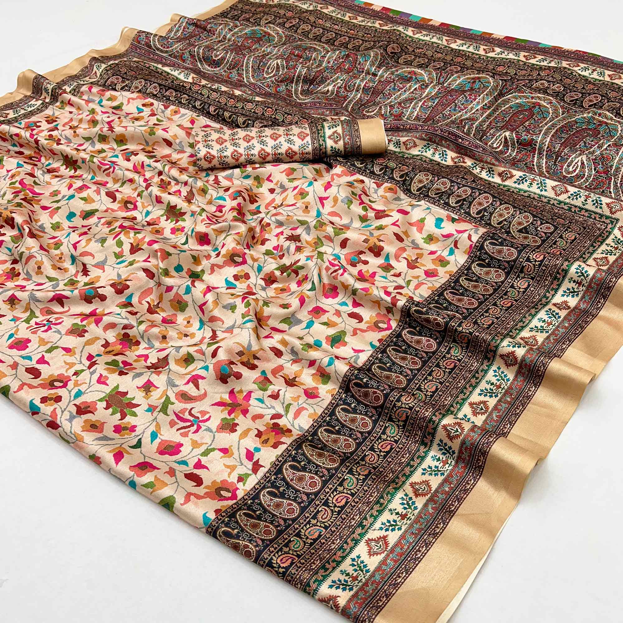 Cream Floral Digital Printed Pashmina Saree