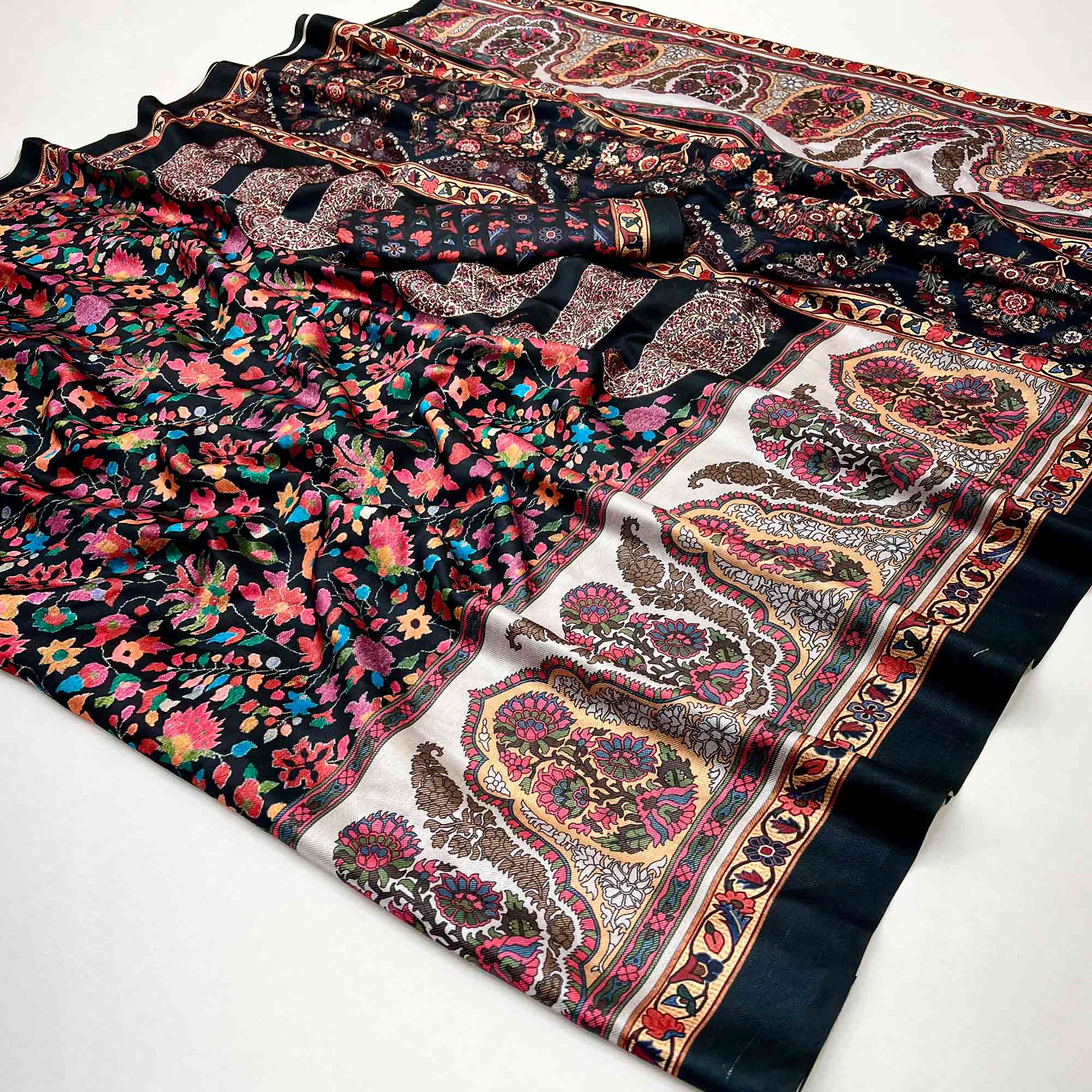 Black Floral Digital Printed Pashmina Saree