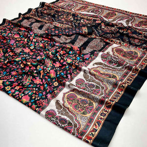 Black Floral Digital Printed Pashmina Saree