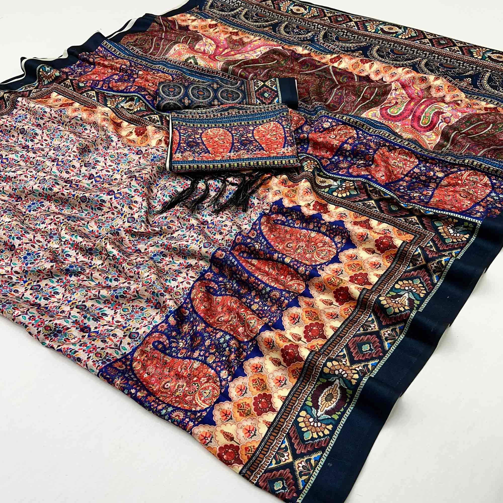 Multicolor Floral Digital Printed Pashmina Saree With Shawl