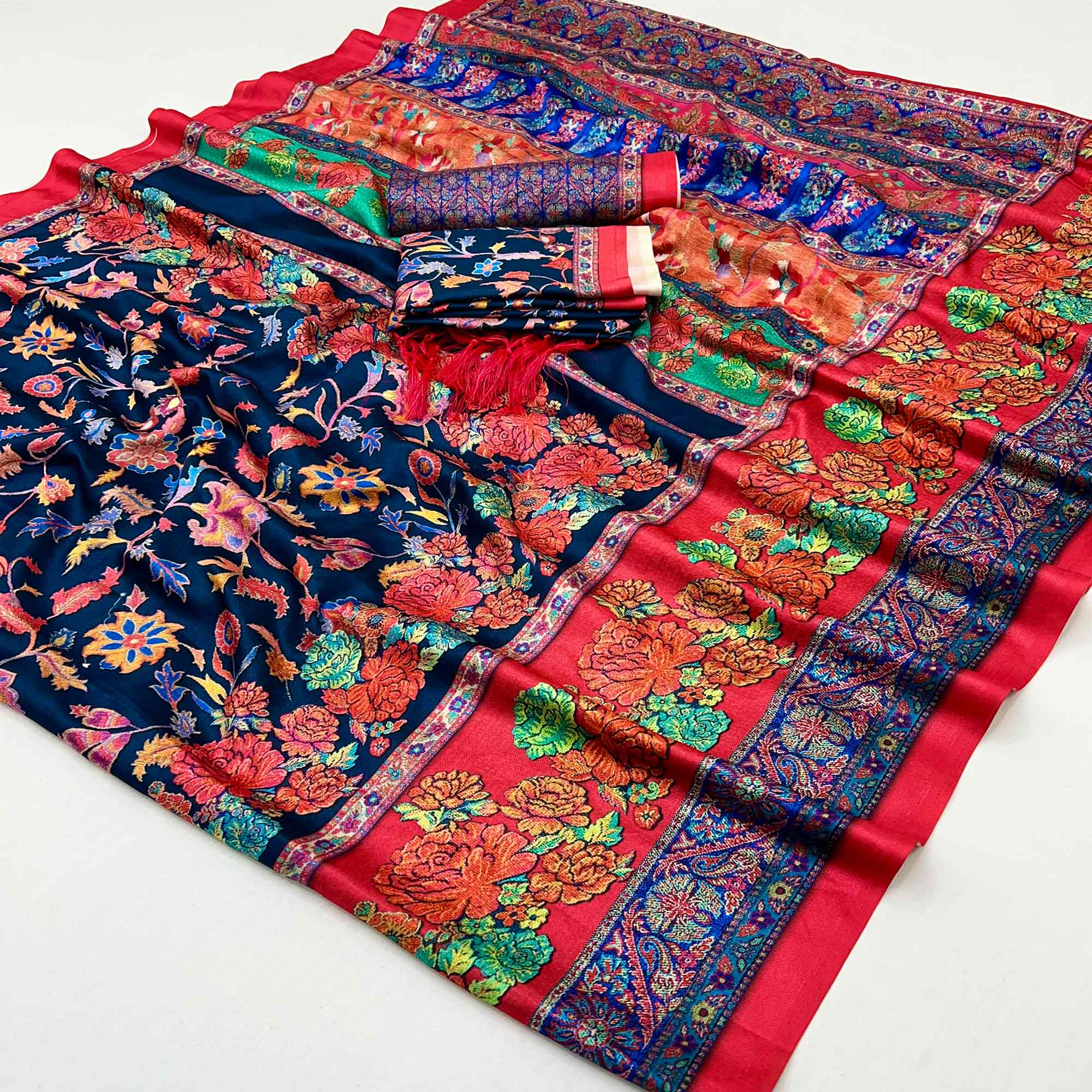 Navy Blue Floral Digital Printed Pashmina Saree With Shawl