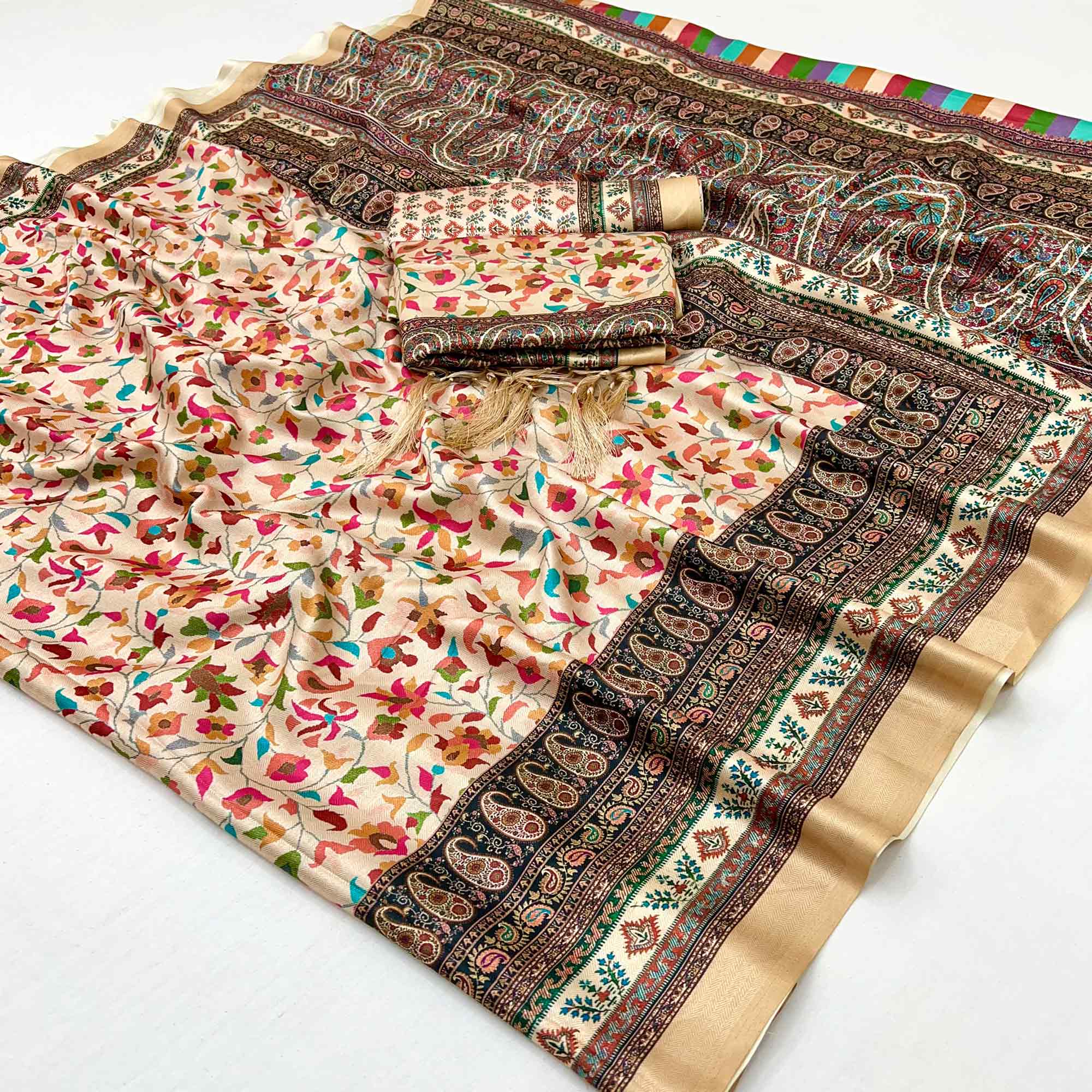 Cream Floral Digital Printed Pashmina Saree With Shawl