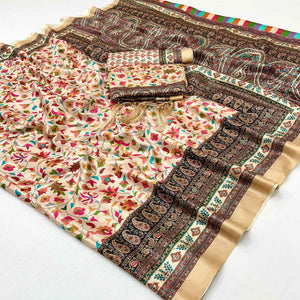 Cream Floral Digital Printed Pashmina Saree With Shawl