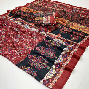 Maroon Floral Digital Printed Pashmina Saree With Shawl