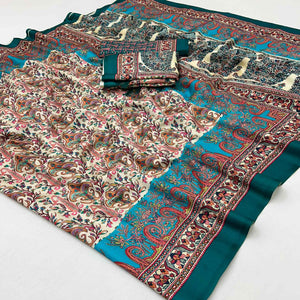 Cream Floral Digital Printed Pashmina Saree With Shawl