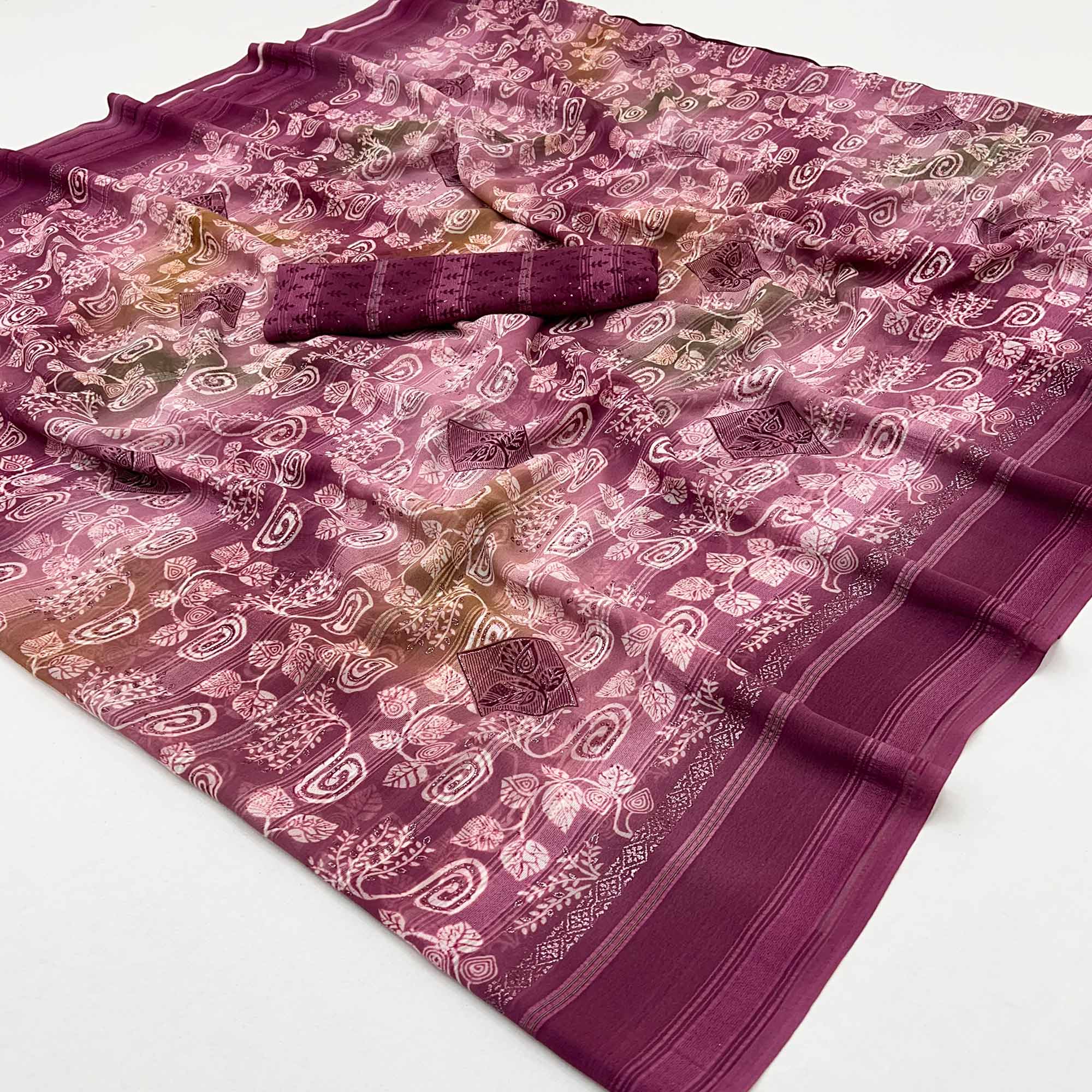 Wine Floral Printed Georgette Saree