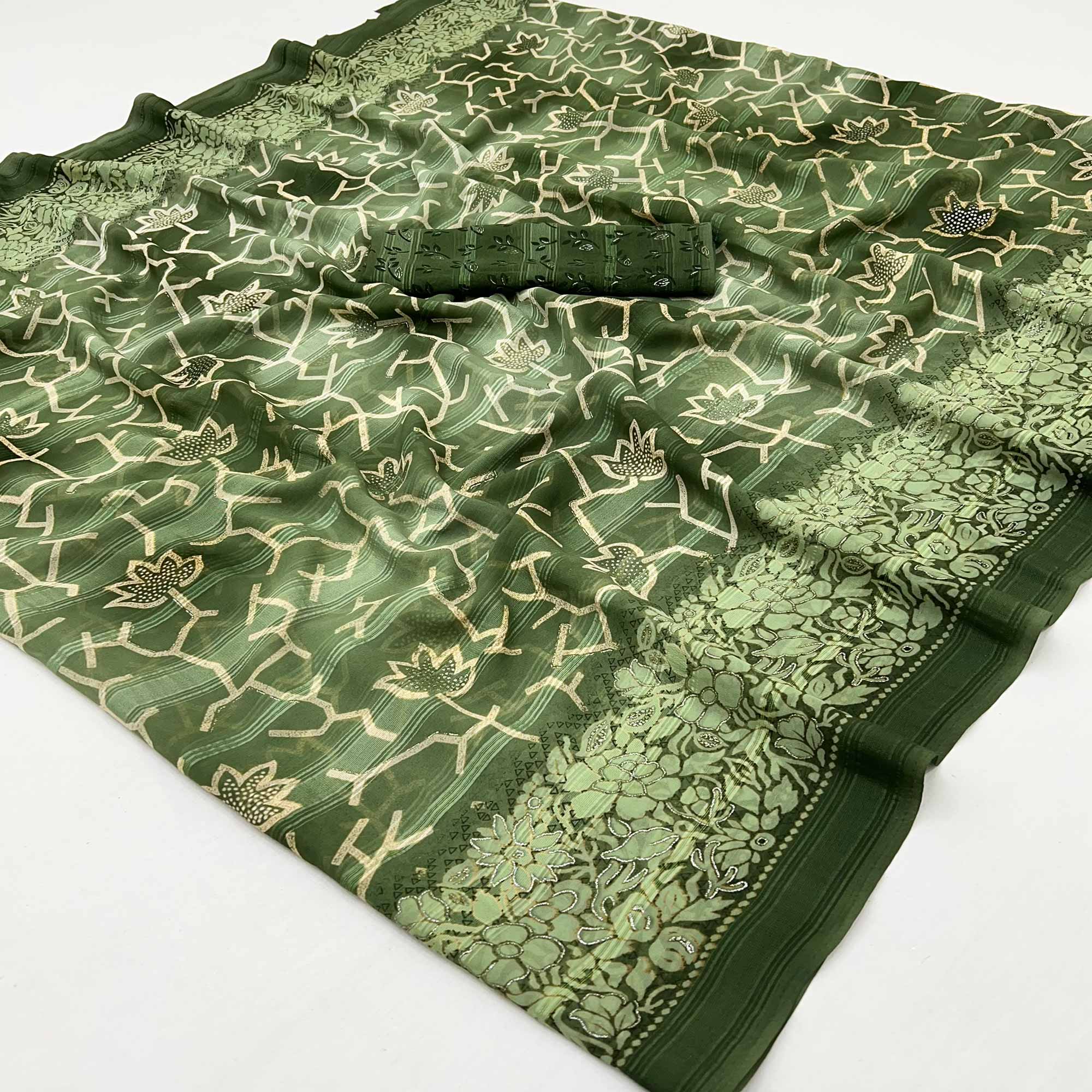 Green Floral Printed Georgette Saree